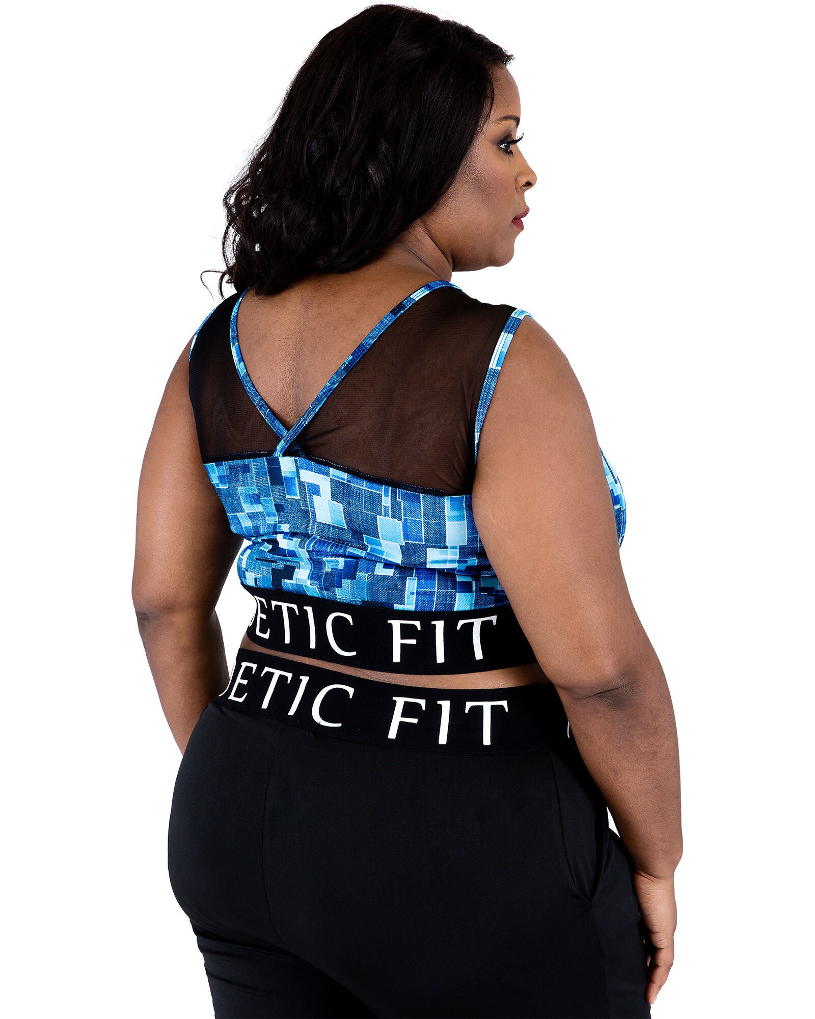 Plus Size Ryan Geometric Print Mesh V-Back Sports Bra, Blue Geo / Light Blue, alternate image number 4