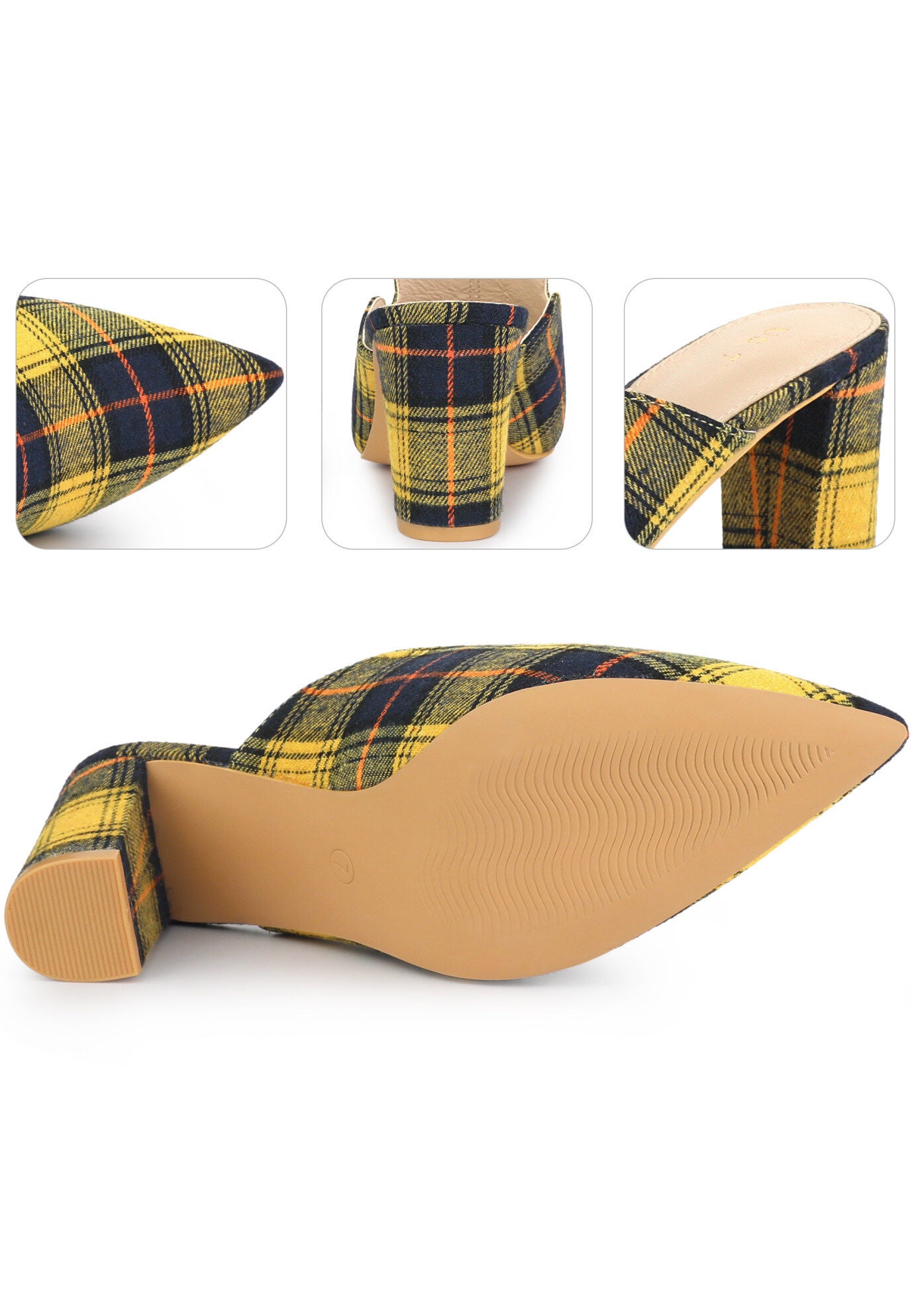 Pointed Toe Slip on Chunky Heels Houndstooth Slide Mules, Yellow / Yellow, alternate image number 1