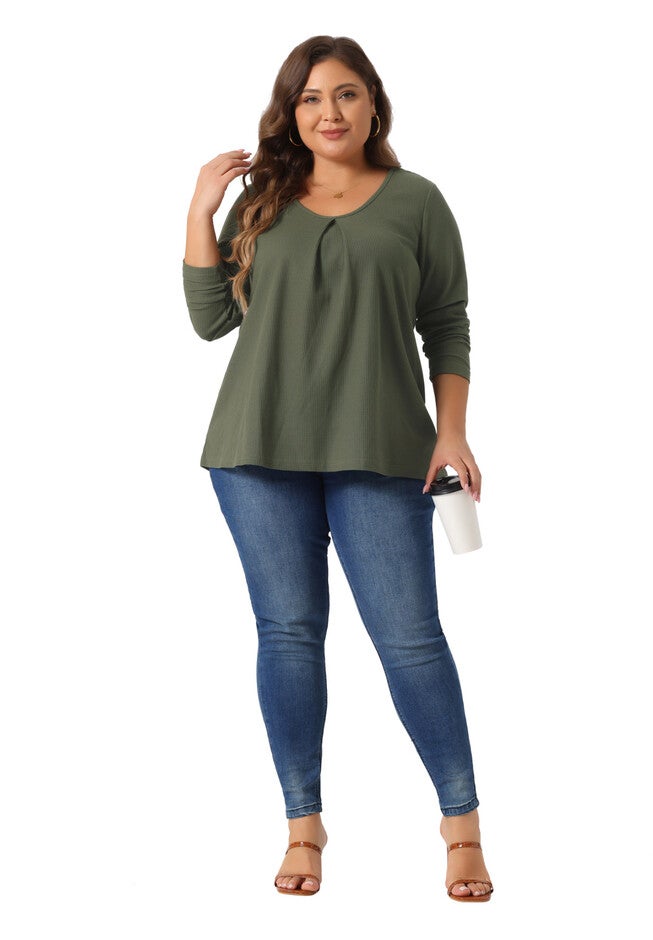 Crew Neck Pleat Front Long Sleeve Waffle Knit Blouse Shirt, Army Green / Olive Green, hi-res image number 0