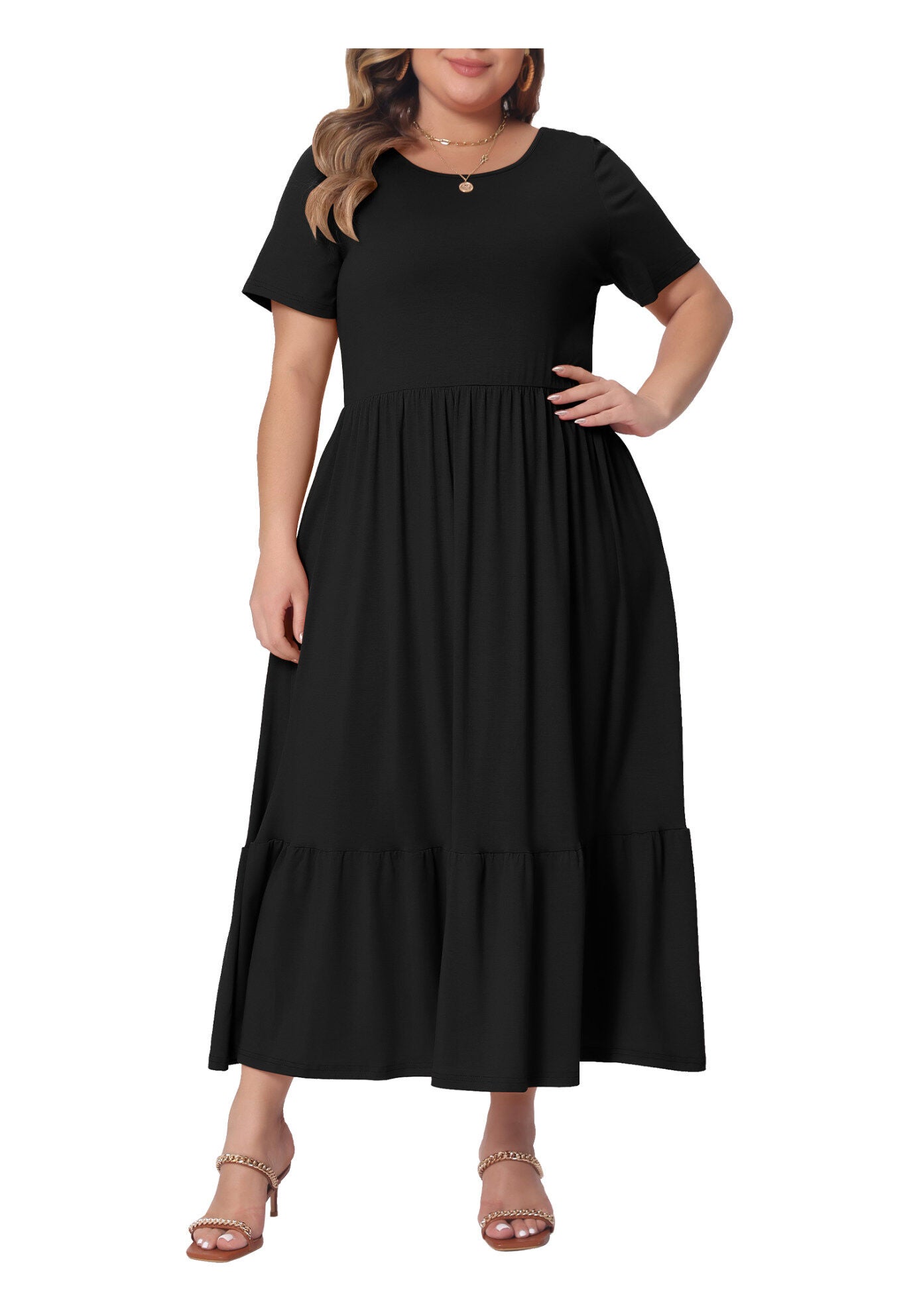 Short Sleeve Crew Neck Swing Flowy Summer Maxi Dress, Black / Black, alternate image number 2