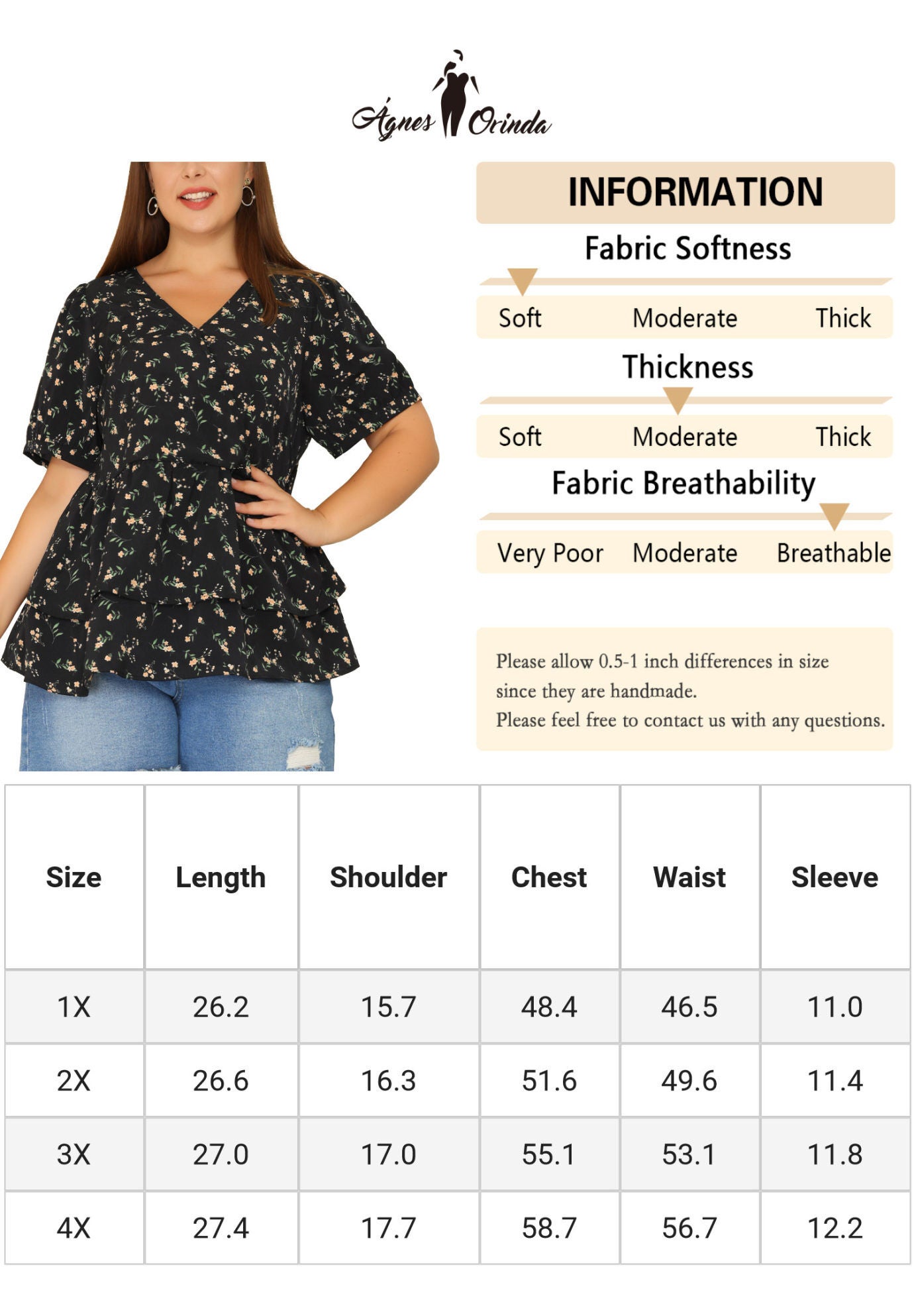 V Neck Short Sleeve Layered Peplum Top Summer Floral Blouse, Black / Black, alternate image number 4