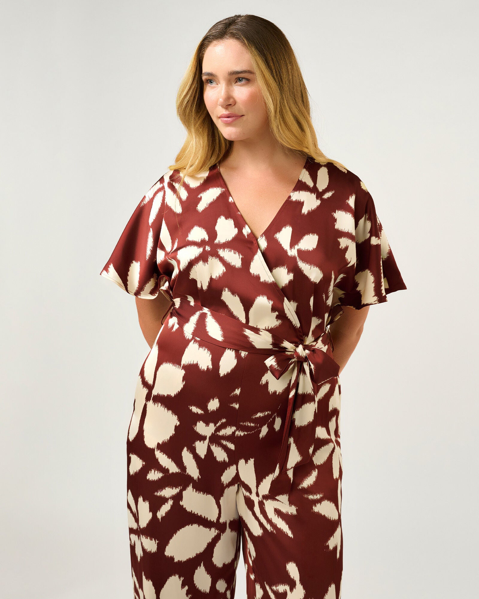 Estelle Hamilton Faux-Wrap, Short Sleeve Jumpsuit, TerracottaCream / Red, alternate image number 2
