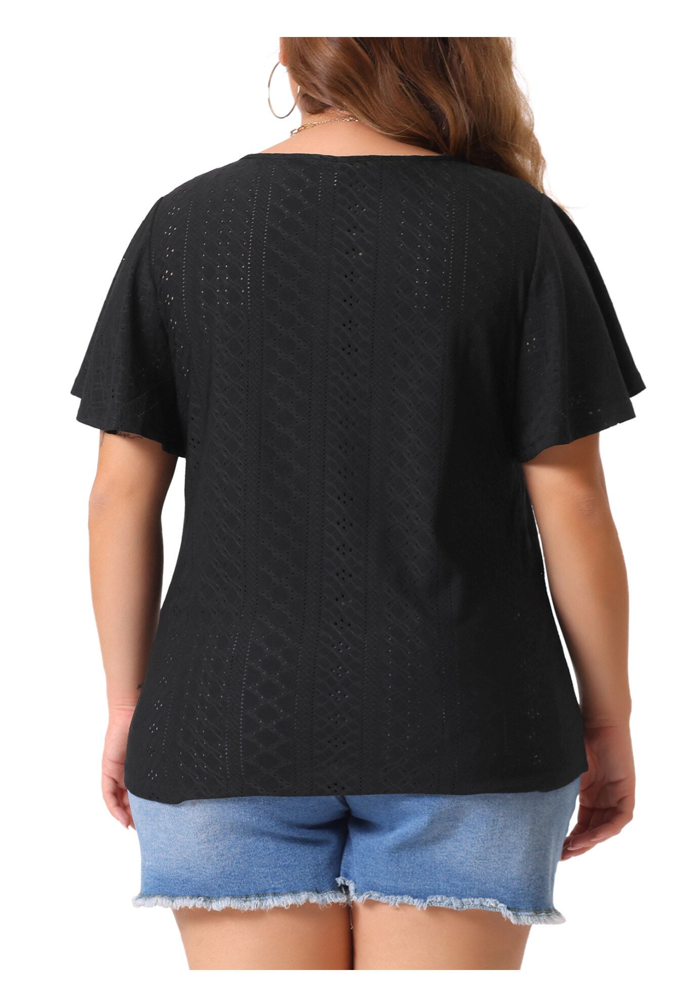 V NECK LOOSE FIT RUFFLE SLEEVE SUMMER HOLLOW TOP, Black / Black, alternate image number 3