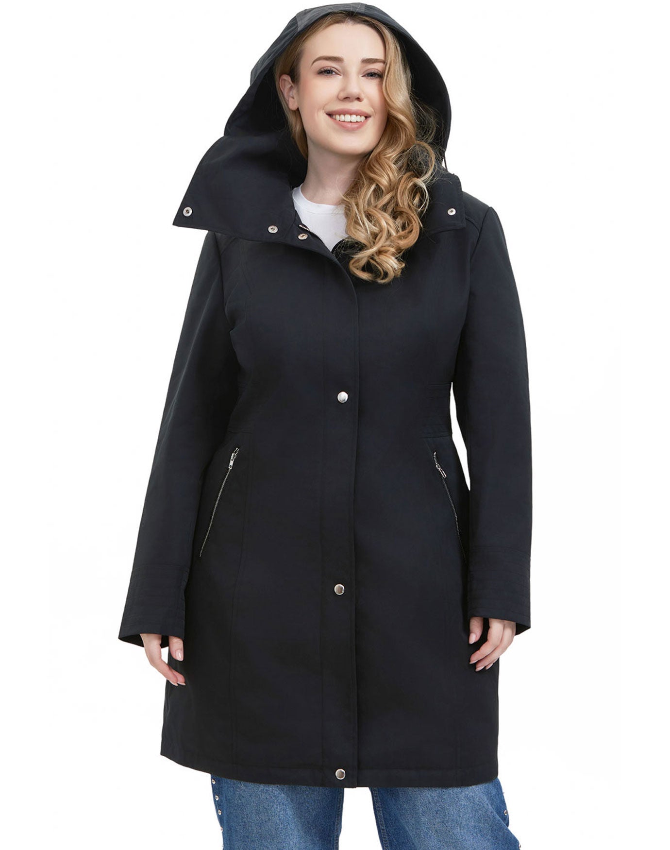 Mid-Length Hooded Anorak Jacket, Black, alternate image number 3