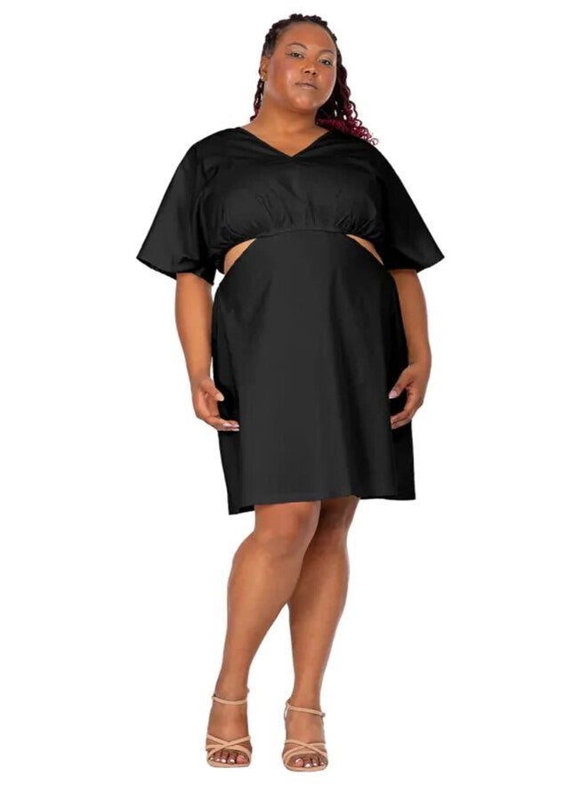 Harmony Women's Plus Size Kimono Sleeves Cut Out Waist Split Side Mini Dress, Black / Black, hi-res image number 0