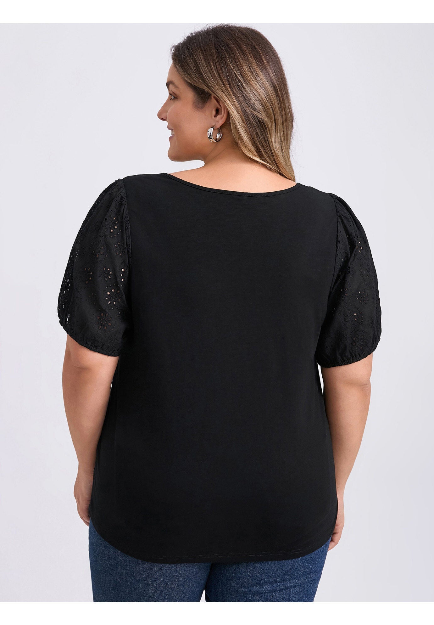 Round Neck Embroidered Panel Hollow Puff Short Sleeve Blouse, Black / Black, alternate image number 2