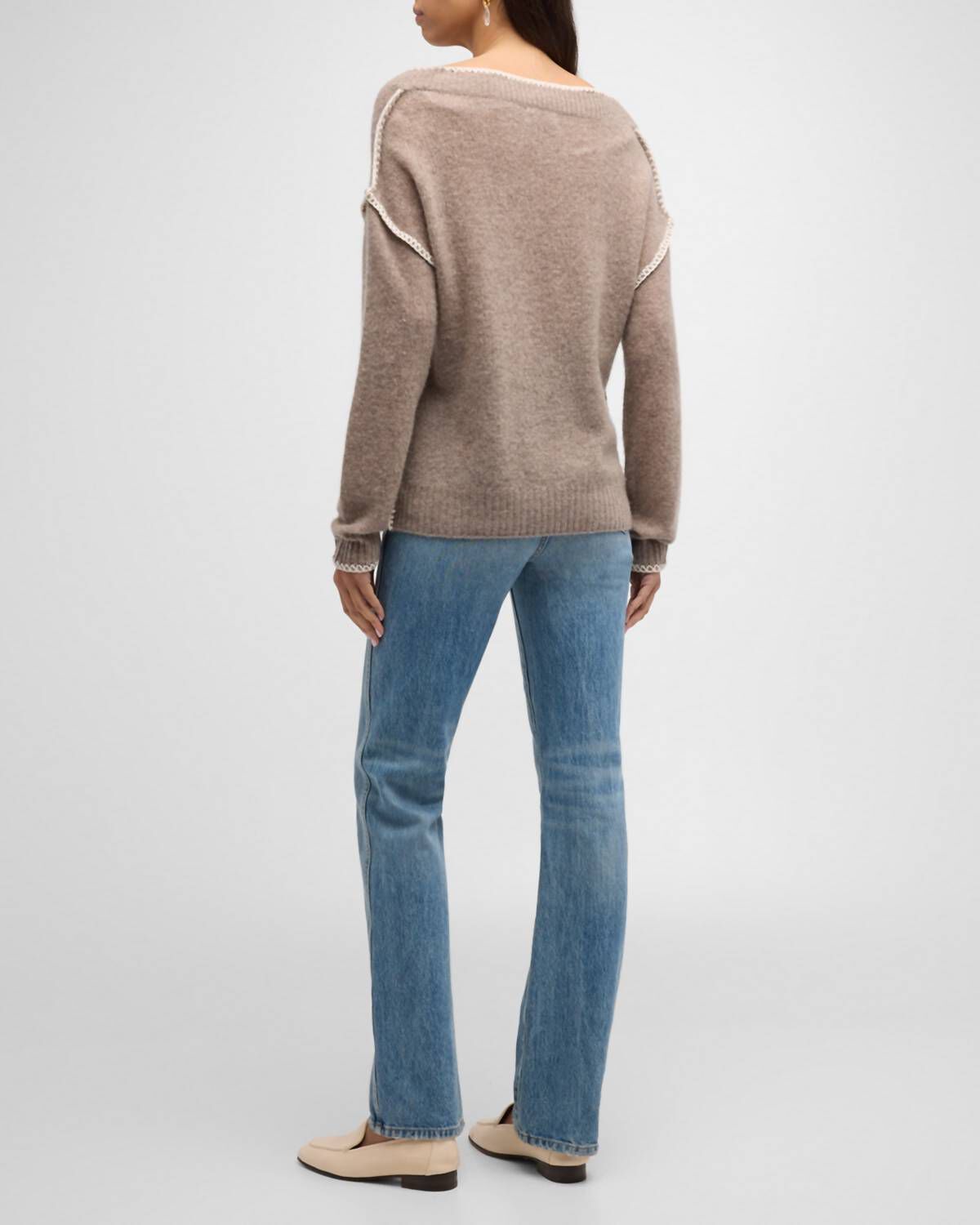 FEATHERWEIGHT CASHMERE EMBROIDERED CREWNECK SWEATER IN TIMBER, Timber / Brown, alternate image number 2