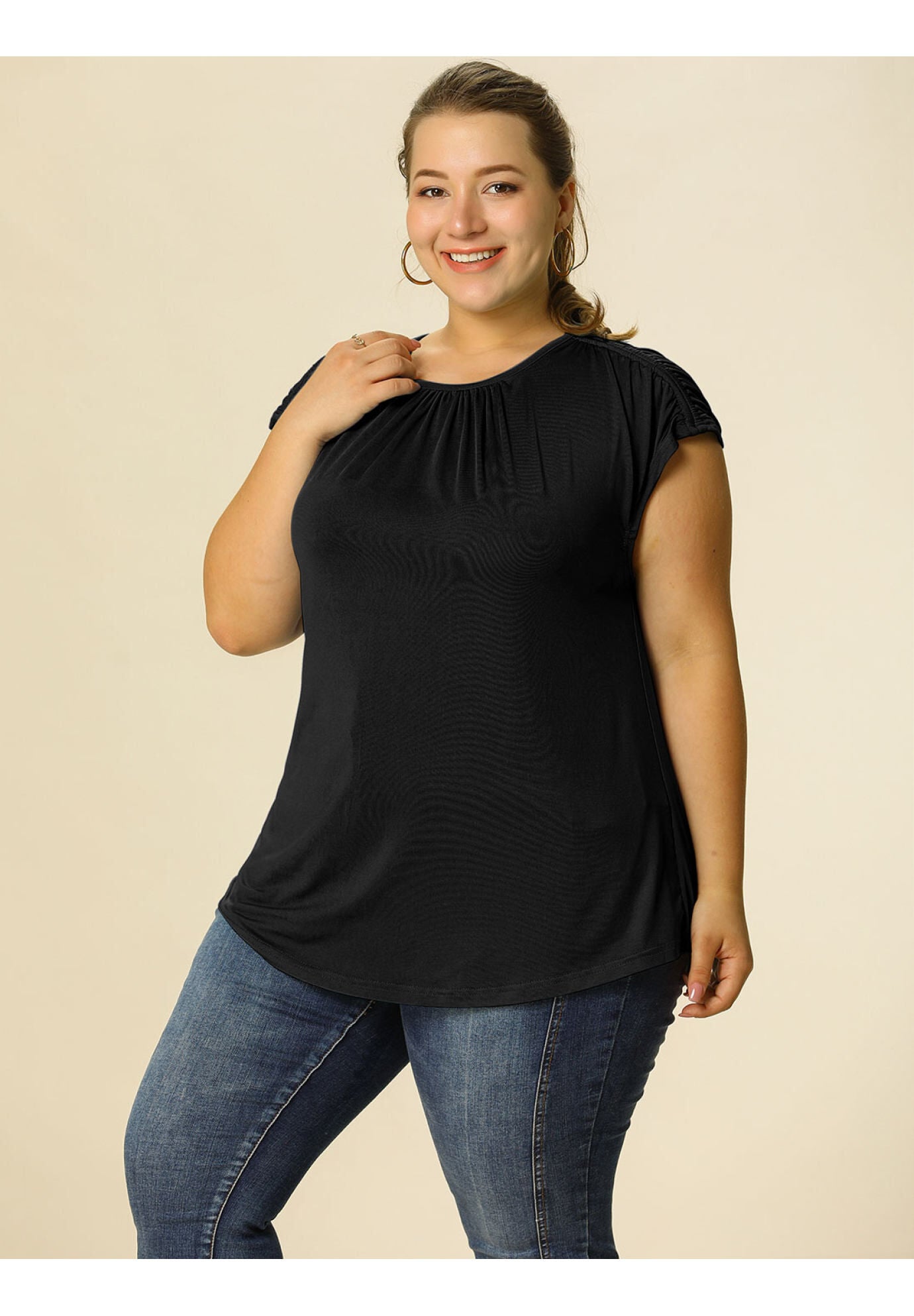 ROUND NECK RUCHED SHORT SLEEVE CASUAL TOP, Black / Black, alternate image number 3