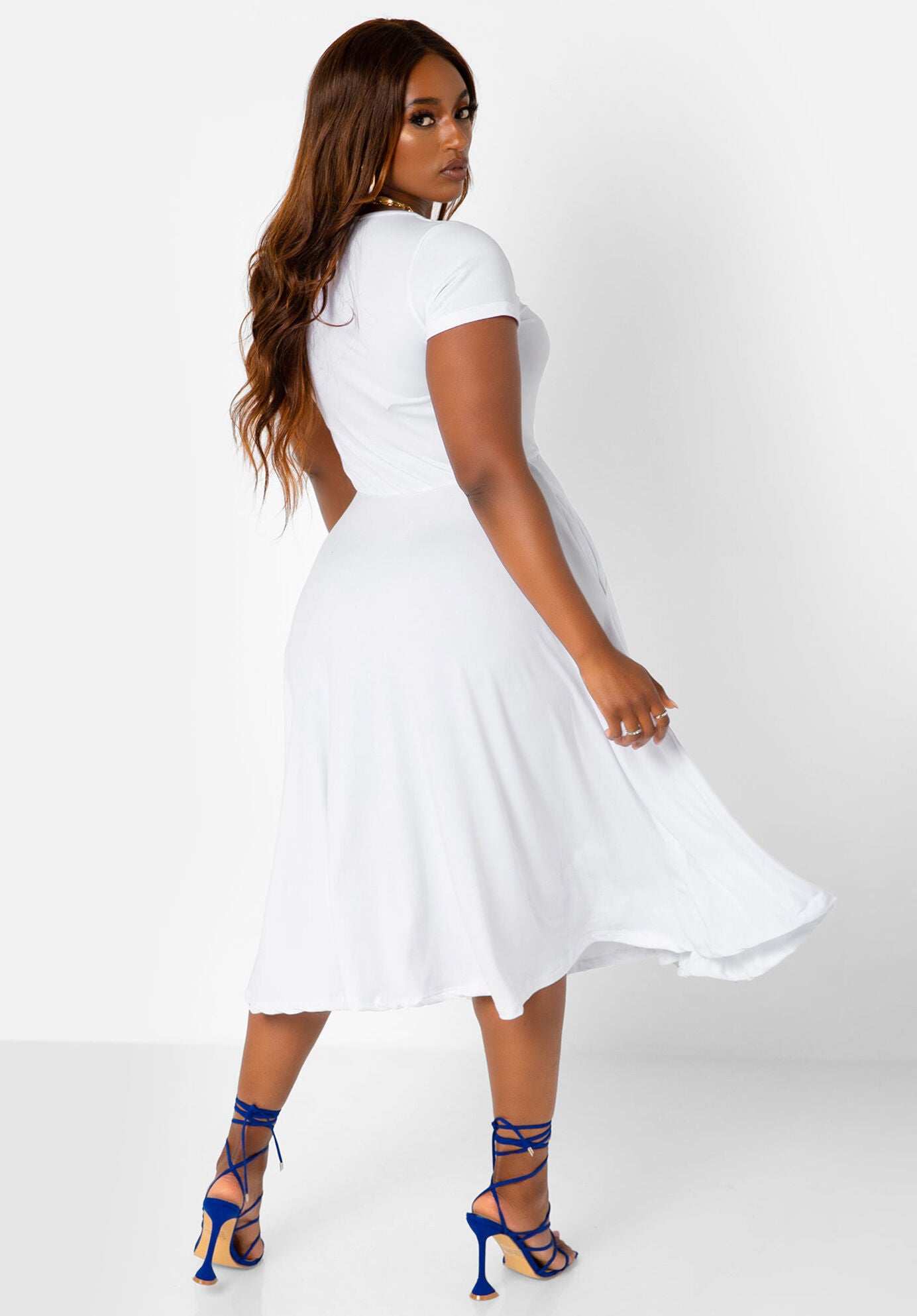 Essential V-Neck Skater Midi Dress, White / White, alternate image number 2