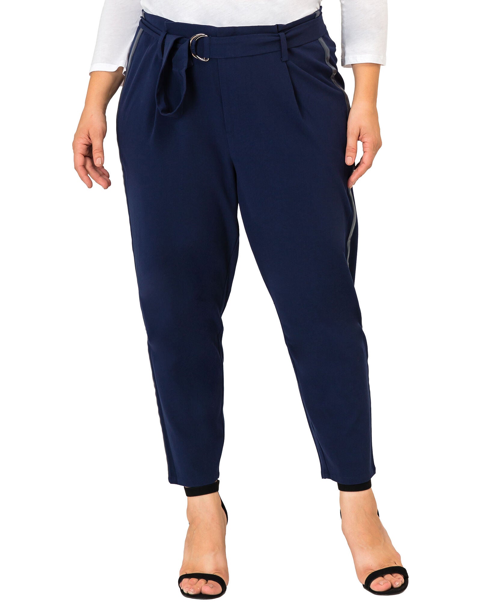 Plus Size Marina Paper Bag Waist Suiting Pants - Vegan Leather Athletic Stripe, Midnight Blue / Navy, hi-res image number 0