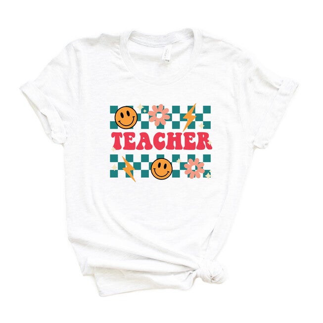 Retro Teacher Checkered Short Sleeve Graphic Tee, White / White, hi-res image number null