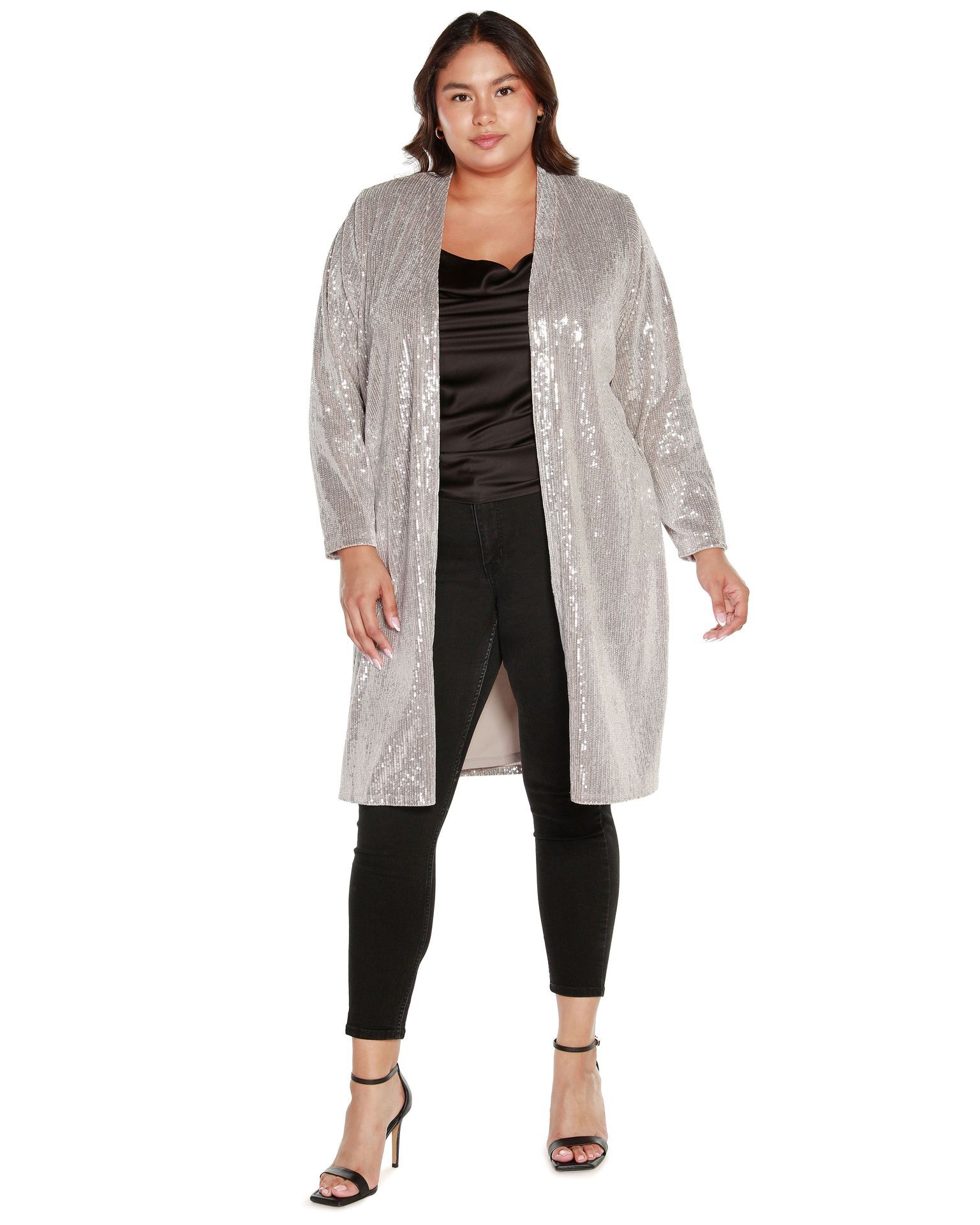 Plus Size Stretch Velvet Sequin Knit Duster, Silver / Silver, hi-res image number 0