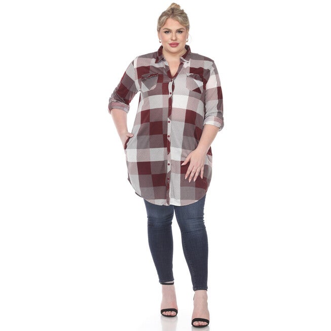 Plaid Button Down Tunic Shirt, Burgundy White / Burgundy, hi-res image number null