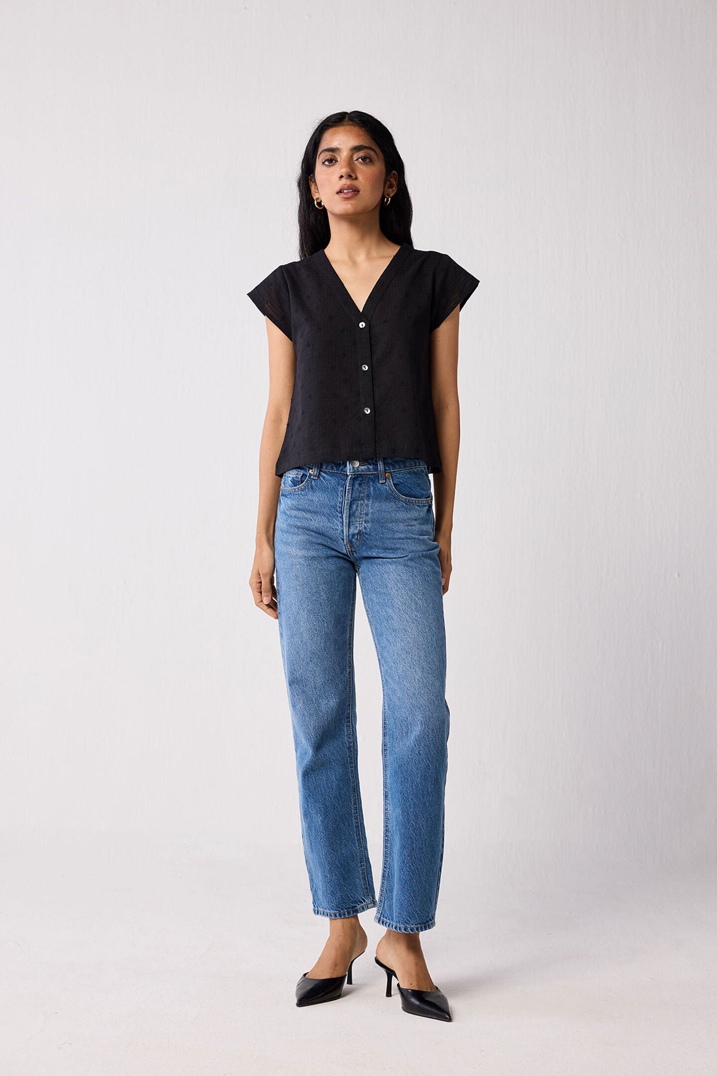 V-Neck Embroidered Top with Front Buttons in Black, Black / Black, hi-res image number 0