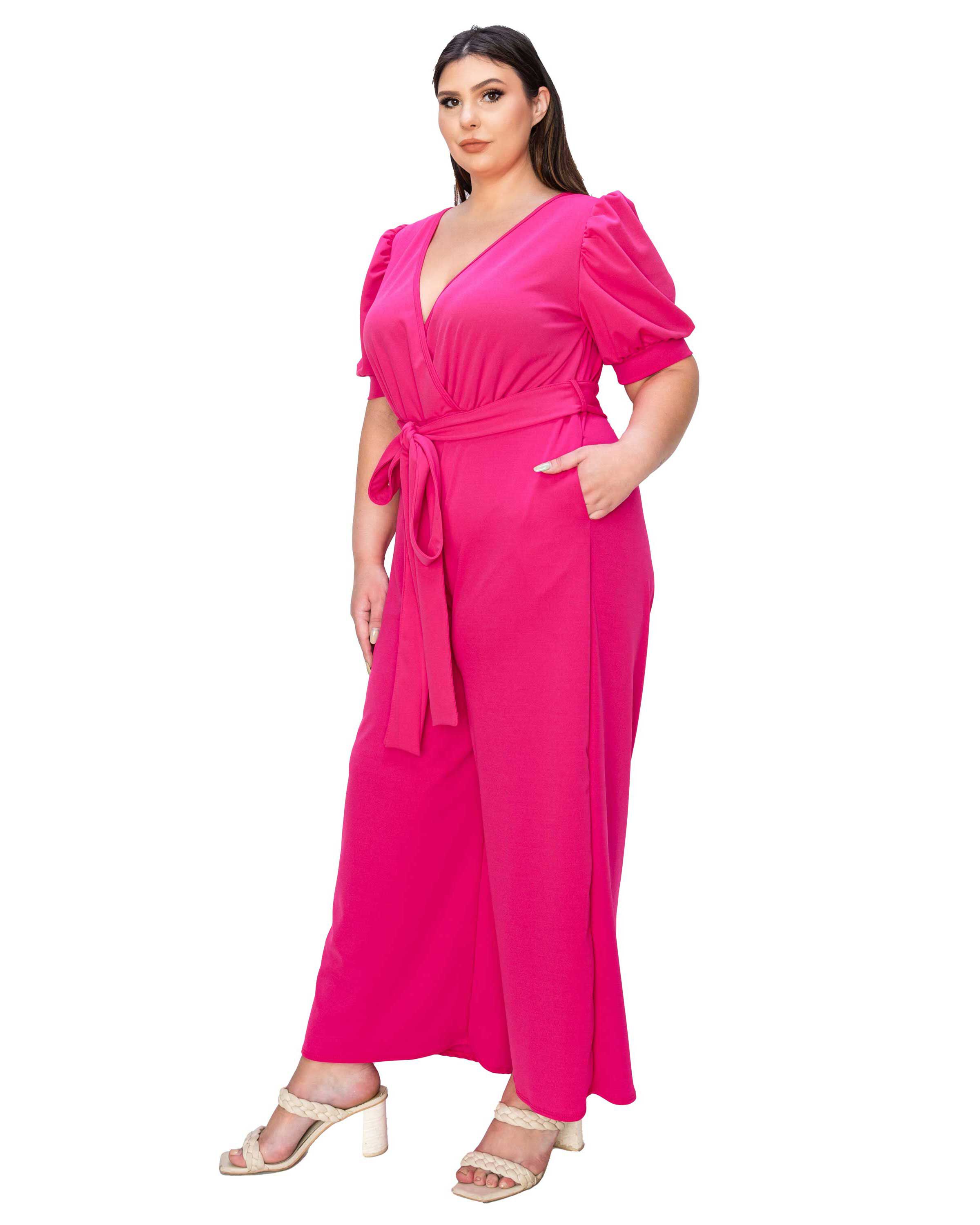 IRIS SURPLICE BELTED POCKET JUMPSUIT, Neon Pink / Pink, alternate image number 2