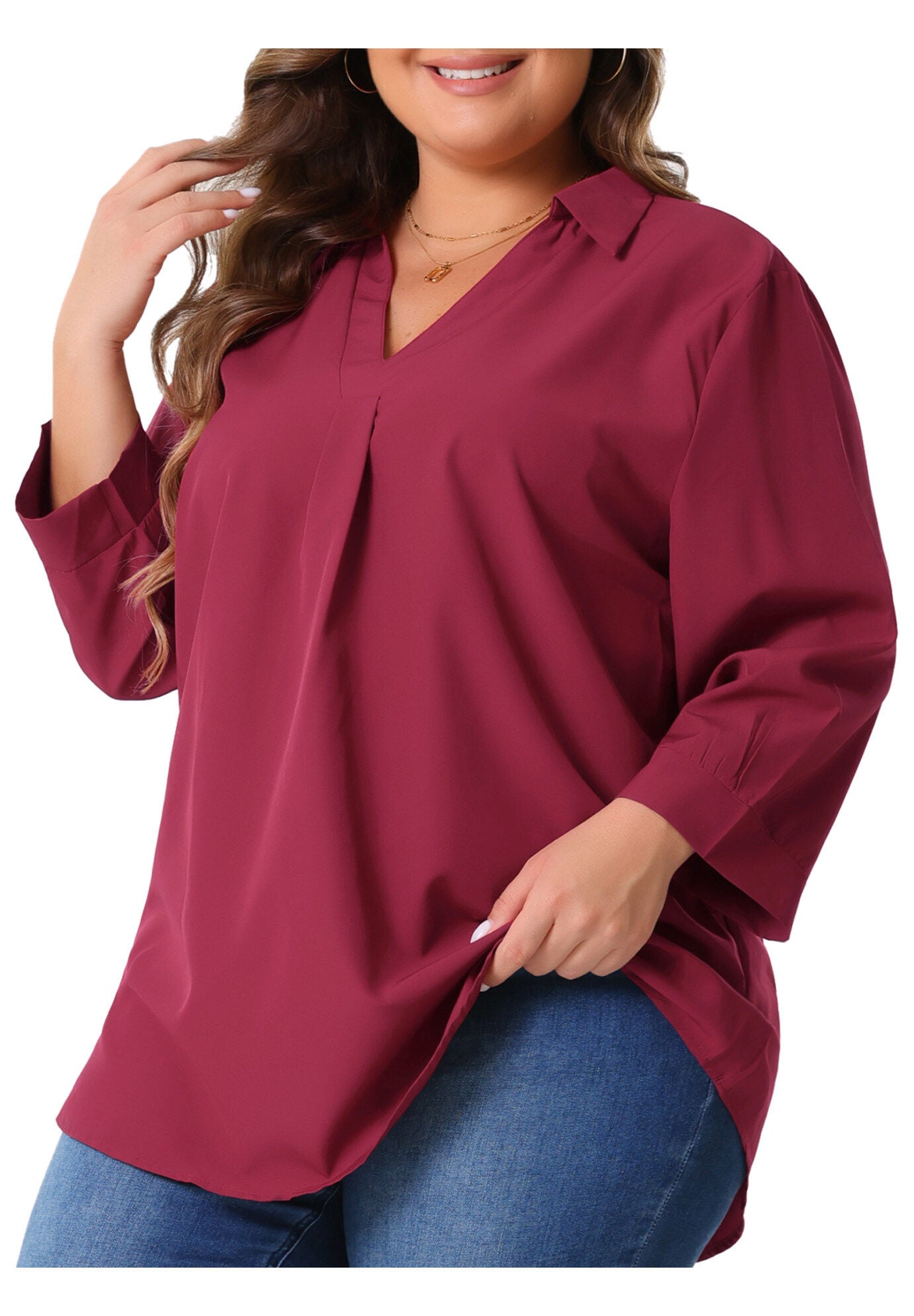 V Neck 3/4 Sleeve Flowy Blouse Work Chiffon Shirt, Burgundy / Burgundy, alternate image number 1