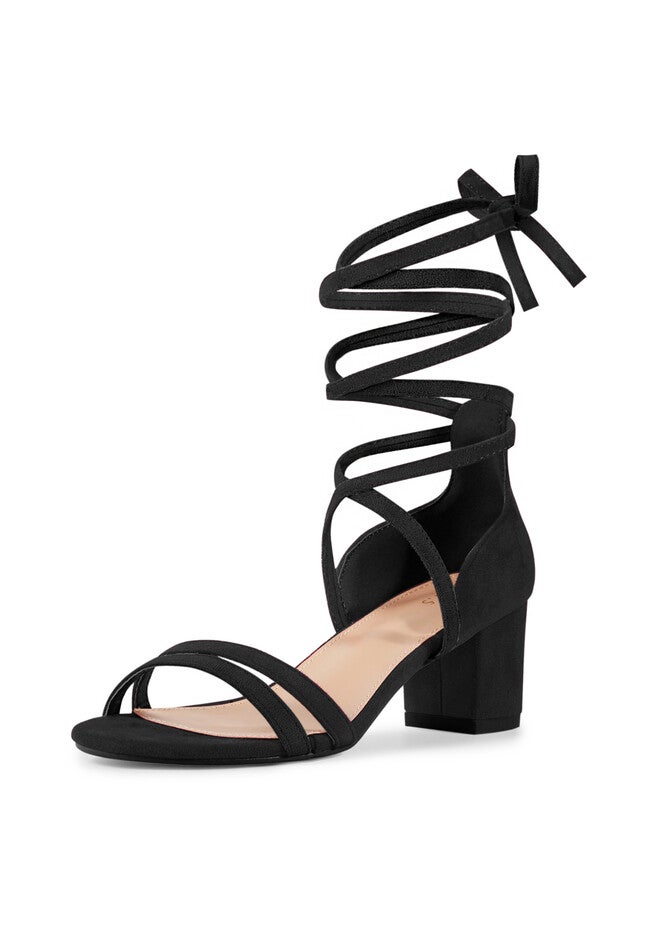 Open Toe Color Block Heel Tie Up Sandals, Black / Black, alternate image number null