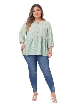 3/4 Sleeves Babydoll Chiffon Keyhole Floral Flowy Top Blouse