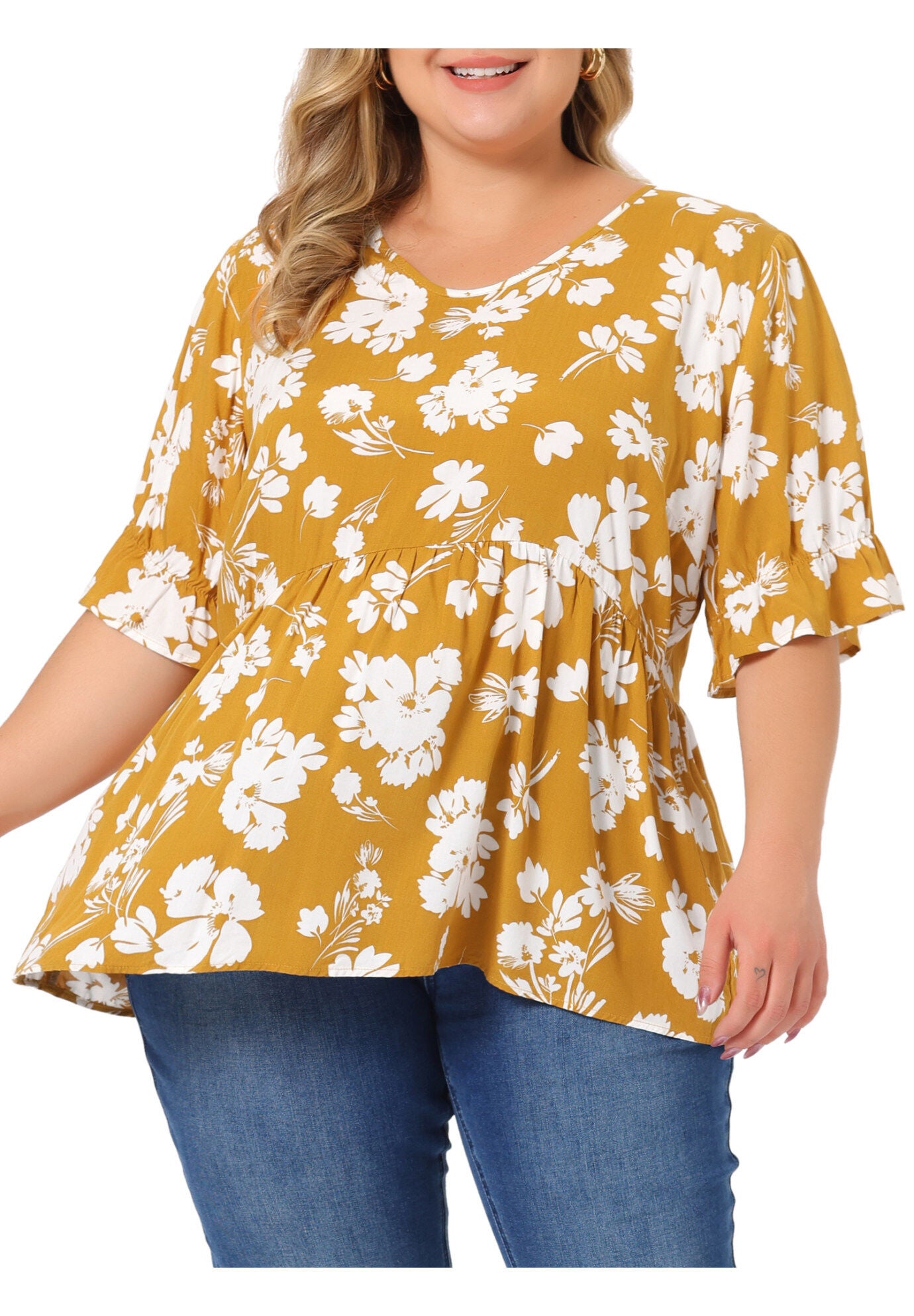 Floral Peplum Top V Neck Ruffle Short Sleeve Babydoll Blouse, Yellow / Yellow, alternate image number 2