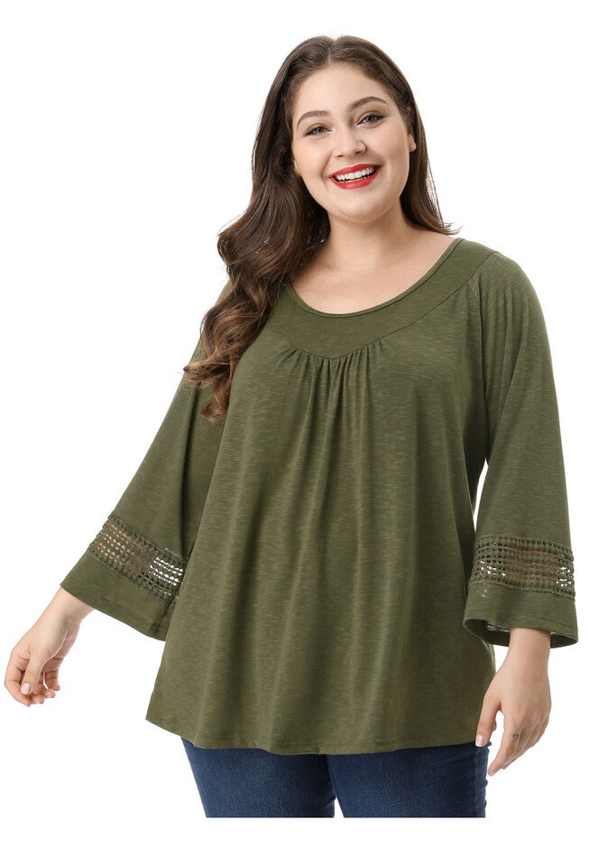 CROCHET PANEL HOLLOW OUT PLEATED TUNICS BLOUSE TOP, Green / Olive Green, alternate image number 2