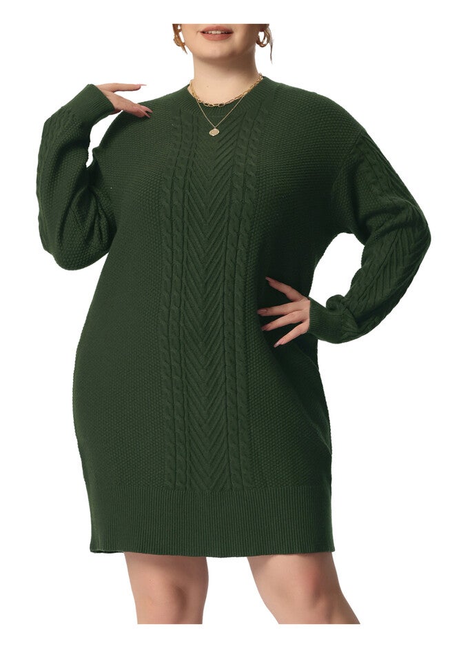 CREWNECK LONG SLEEVE KNIT TUNIC PULLOVER SHORT SWEATER DRESS, Army Green / Olive Green, alternate image number 4