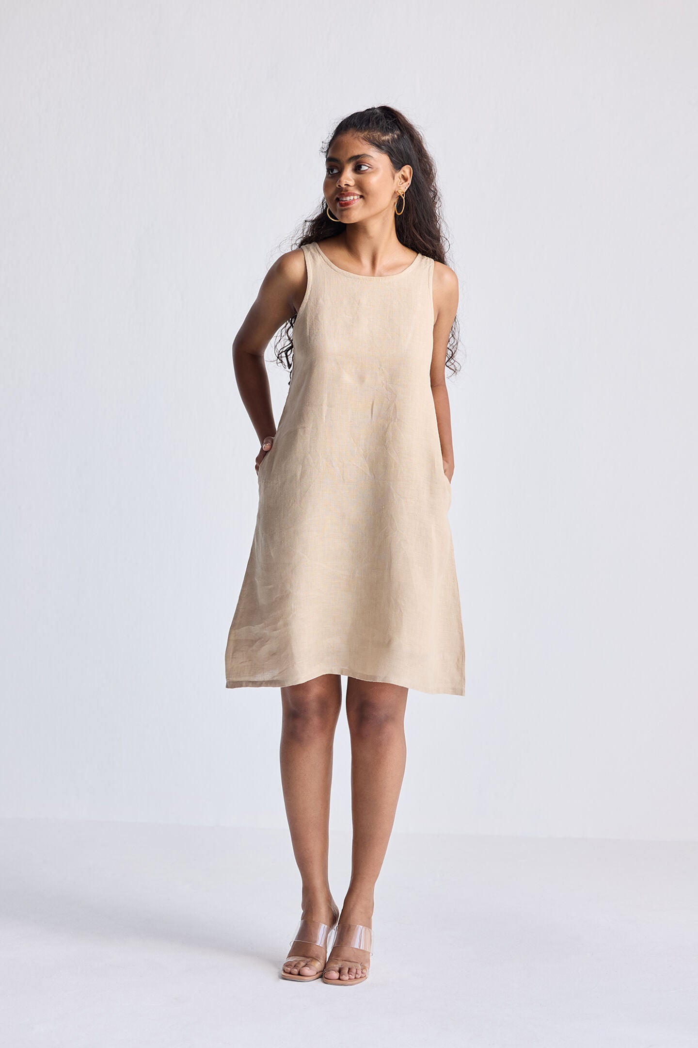 Hemp Short Dress with Back Embroidered Lace Detail, Neutral Beige / Beige, hi-res image number 0