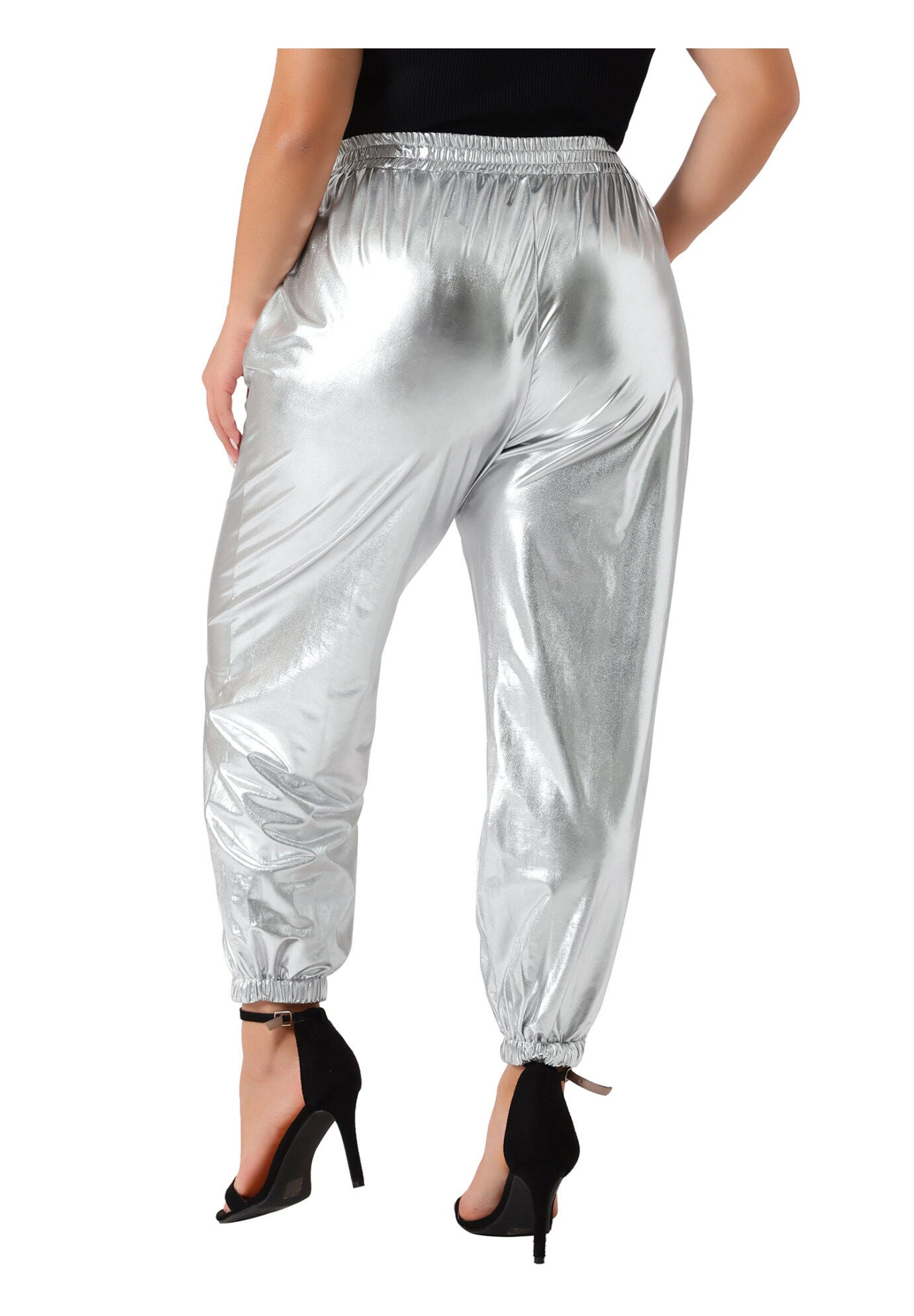 METALLIC SHINY HIGH WAIST STRETCHY HOLOGRAPHIC JOGGER SWEATPANT, Silver / Silver, alternate image number 1