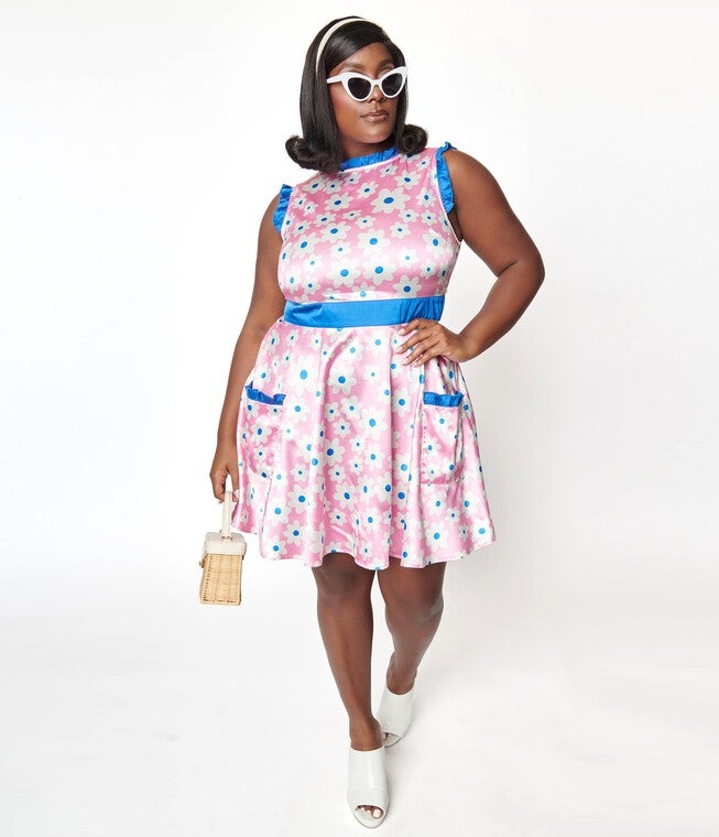 Smak Parlour Plus Size Pink & White Ditsy Floral Happy Hour Flare Dress, Pink White Ditsy Floral / Pink, hi-res image number null