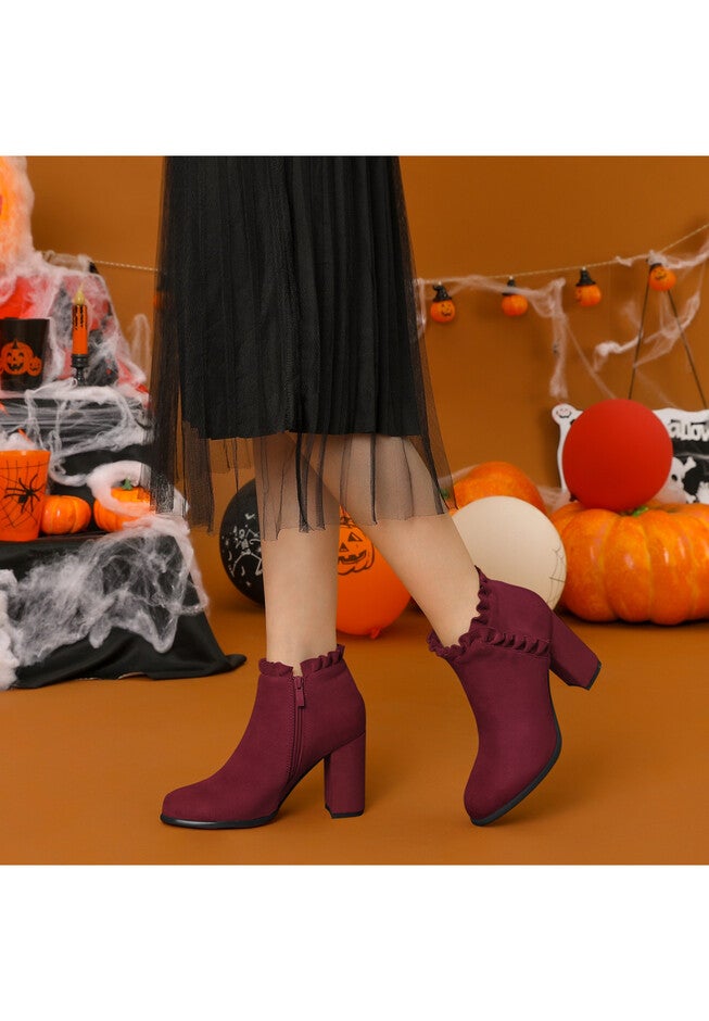 RUFFLE BLOCK HEEL ANKLE BOOTS, Burgundy / Burgundy, alternate image number 1