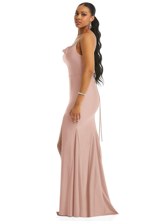 Cowl-Neck Open Tie-Back Stretch Satin Mermaid Dress with Slight Train, , alternate image number null