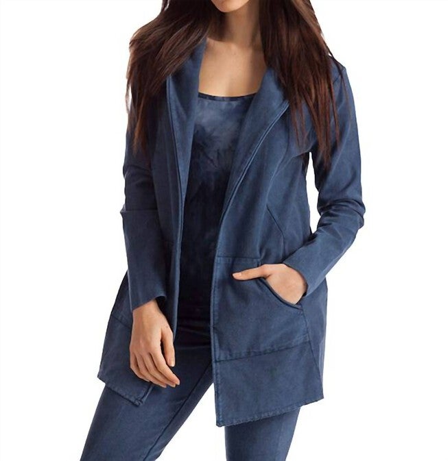 MONICA HOODED DRAPED CARDIGAN IN DENIM, Denim / Navy, hi-res image number 0