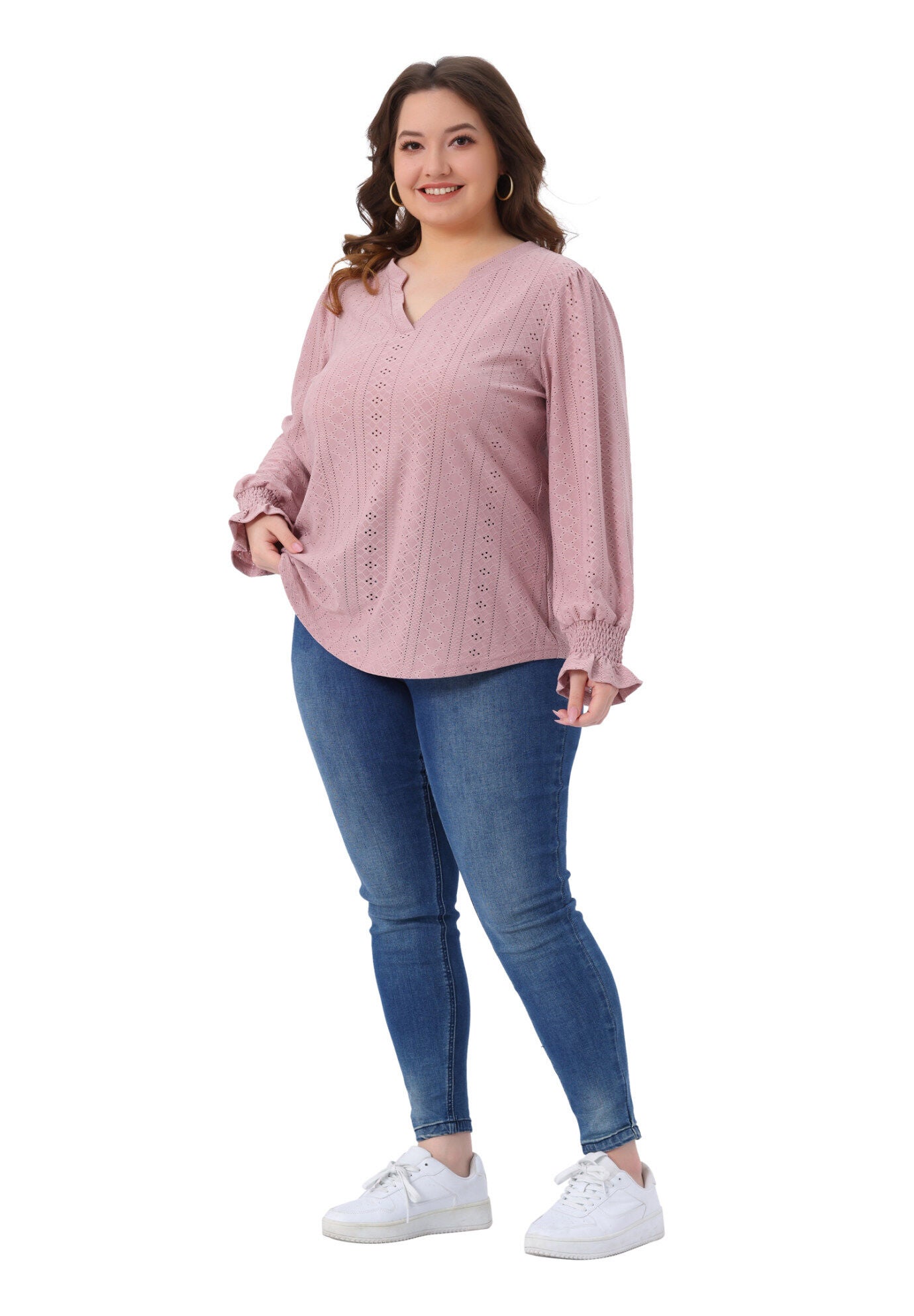 Eyelet Notched V Neck Smocked Hollow Out Blouses, Pink / Pink, hi-res image number 0