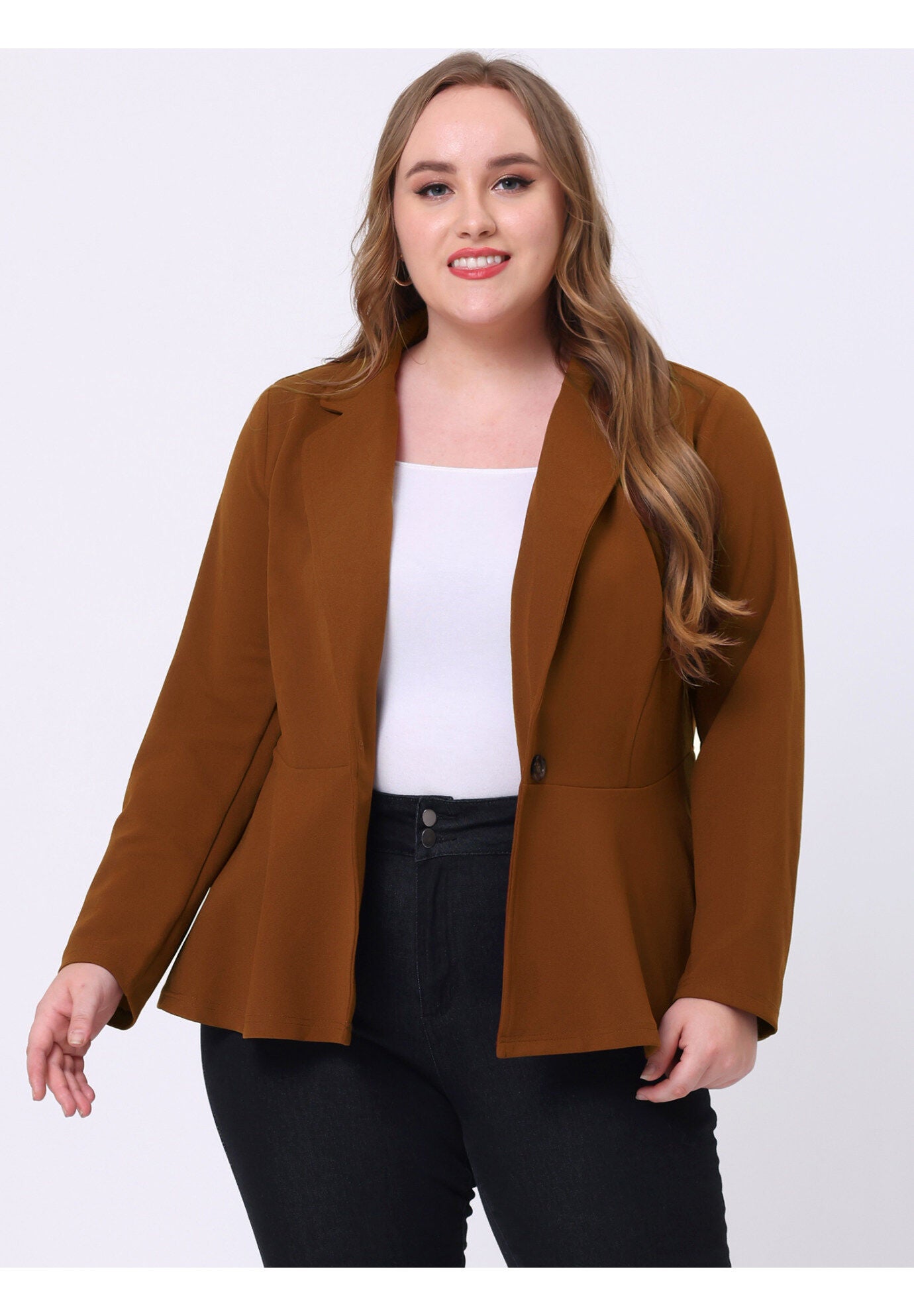Ruffle V-Neck Button-Front Peplum Blazer, Brown / Brown, hi-res image number 0