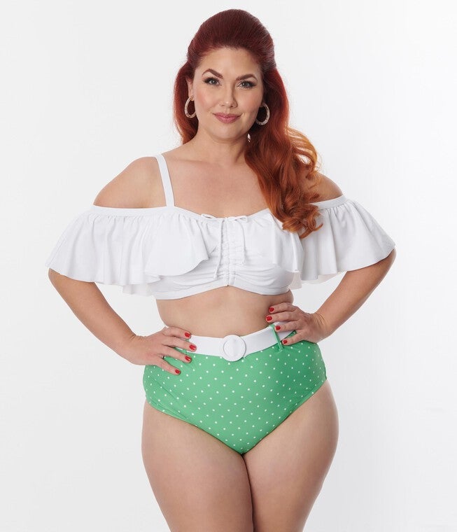 Unique Vintage White Ruffle Swim Top, White / White, alternate image number 2