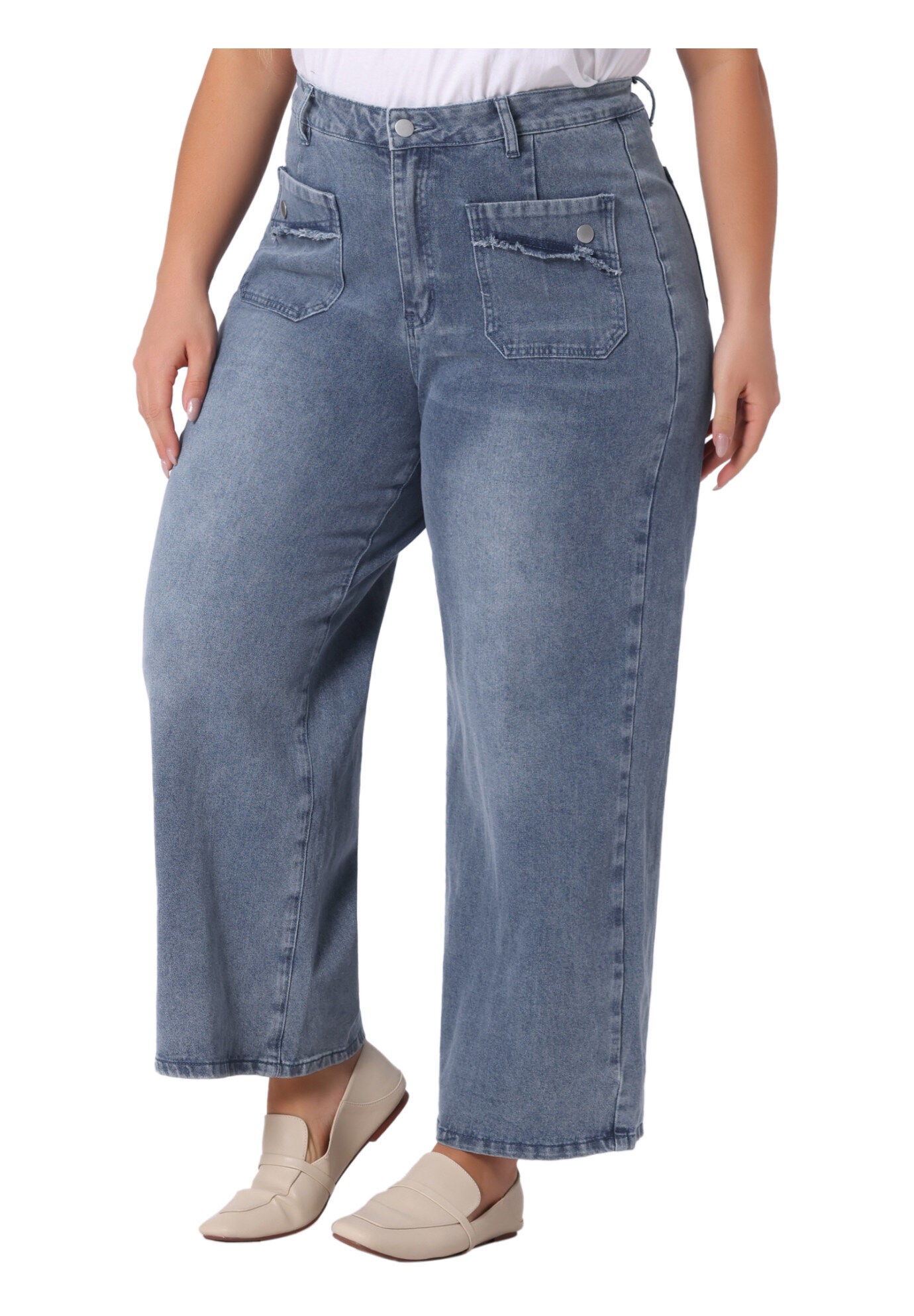 WIDE LEG WASHED STRETCHY PALAZZO PANTS DENIM JEANS, Grey Blue / Dusty Blue, alternate image number 1