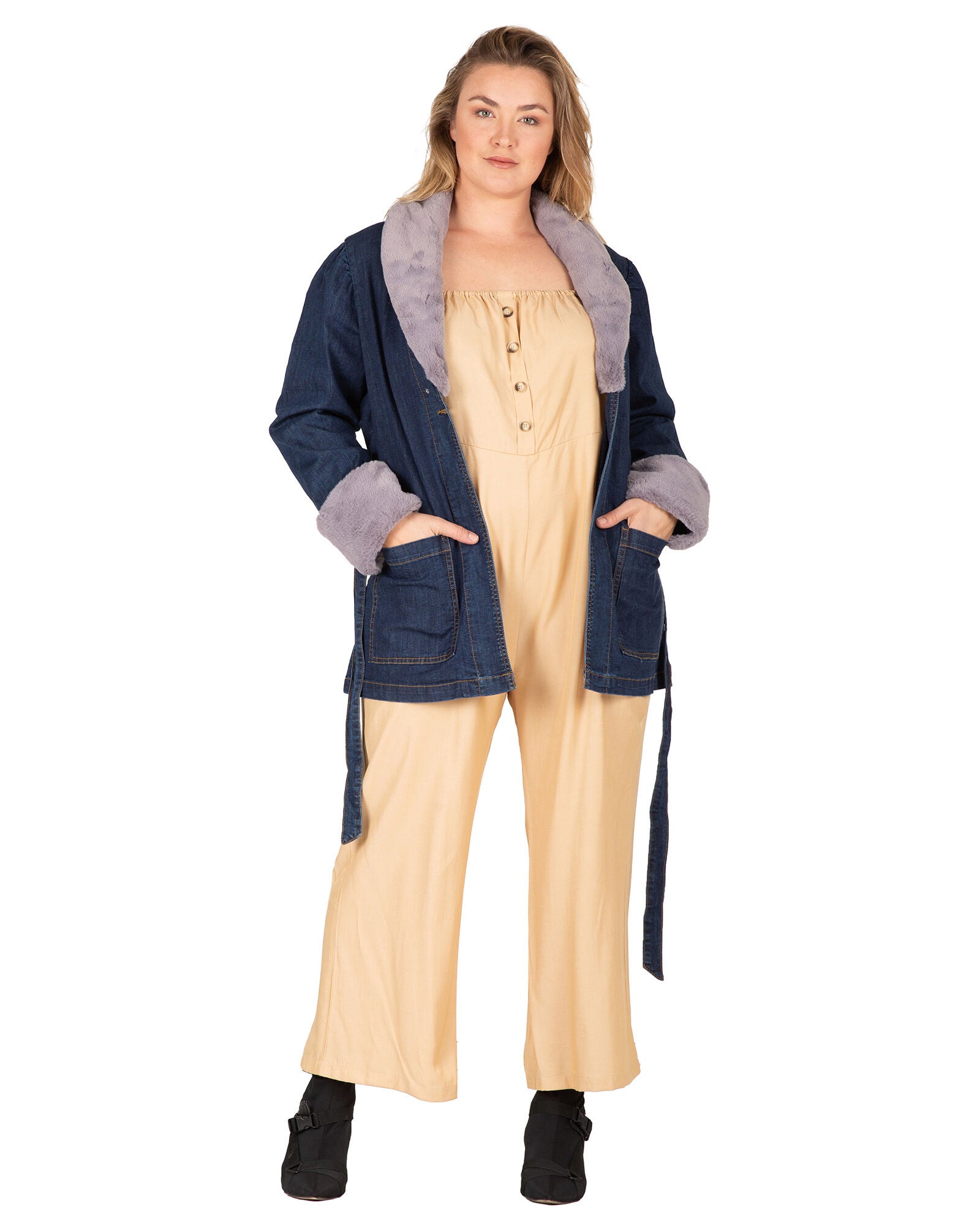 Emily Women&#39;s Tie Robe Detachable Faux Fur Denim Jacket, Dark Indigo / Dark Wash, alternate image number 2