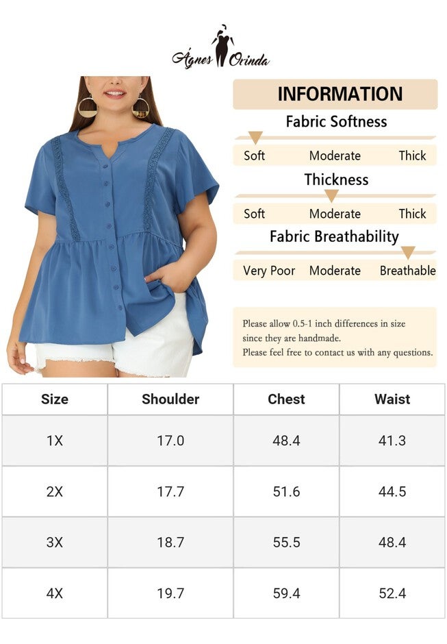 Button Down V Neck Blouse Shirt Short Sleeve Flare Peplum Top, Dark Blue / Navy, alternate image number 4