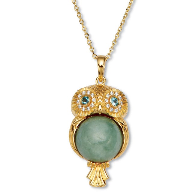 Round Cut Genuine Green Jade 18k Gold-plated Owl Pendant Necklace, 18 inches, Green / Forest Green, hi-res image number 0