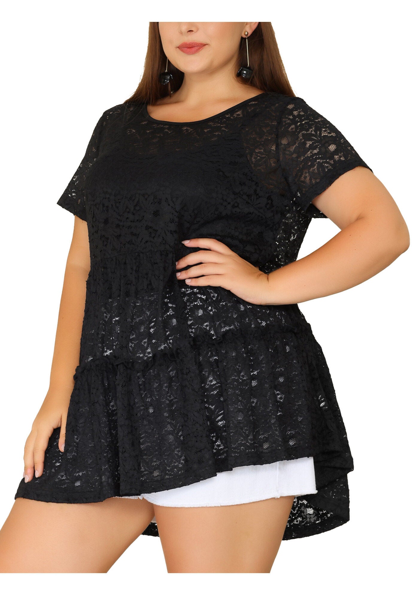 Babydoll Blouse Lace Allover Short Sleeve Tiered Peplum Top, Black / Black, alternate image number 2