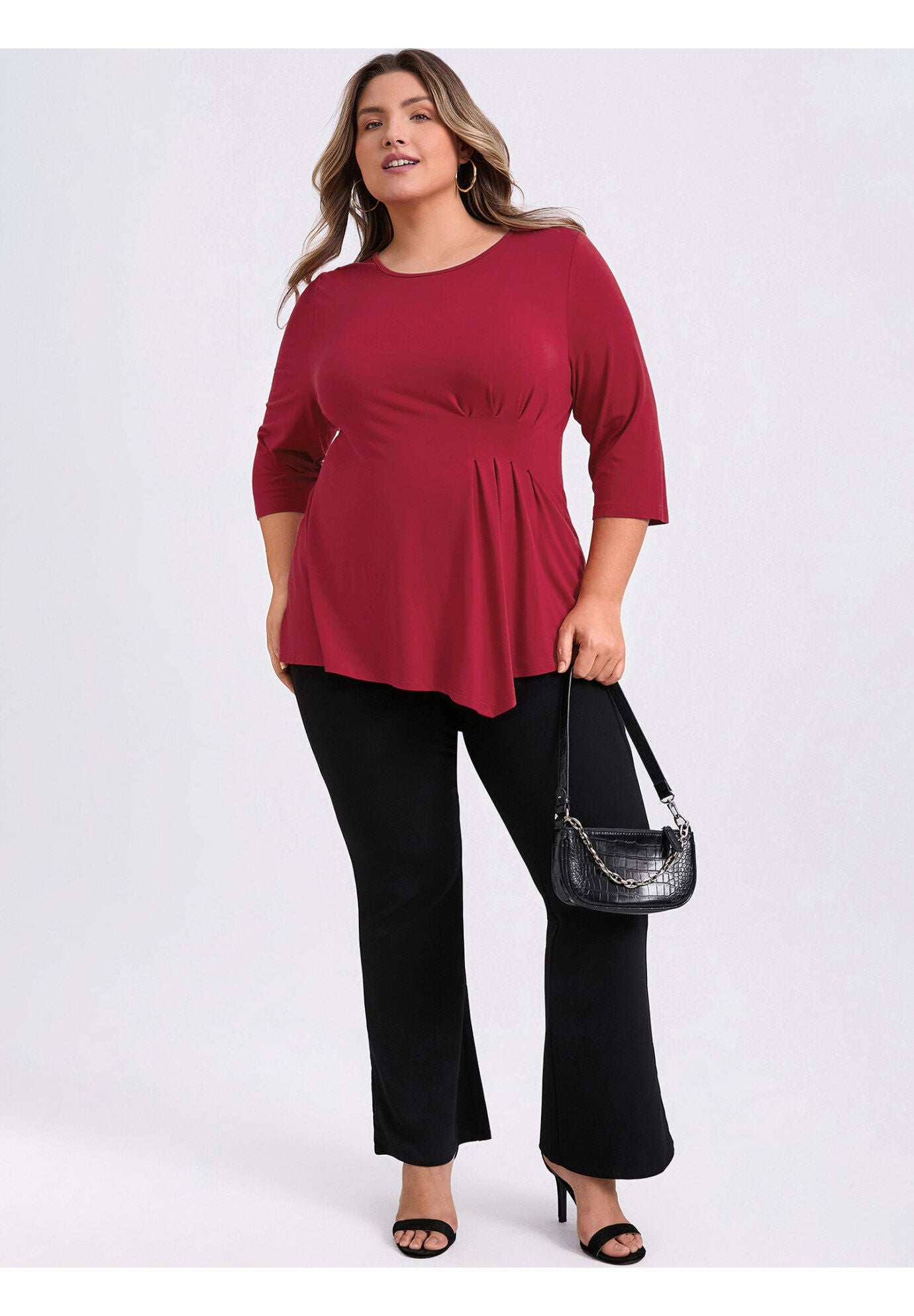 Crew Neck 3/4 Sleeve Waist Pleated Asymmetric Hem Loose Fit Blouse, Red / Red, alternate image number 1
