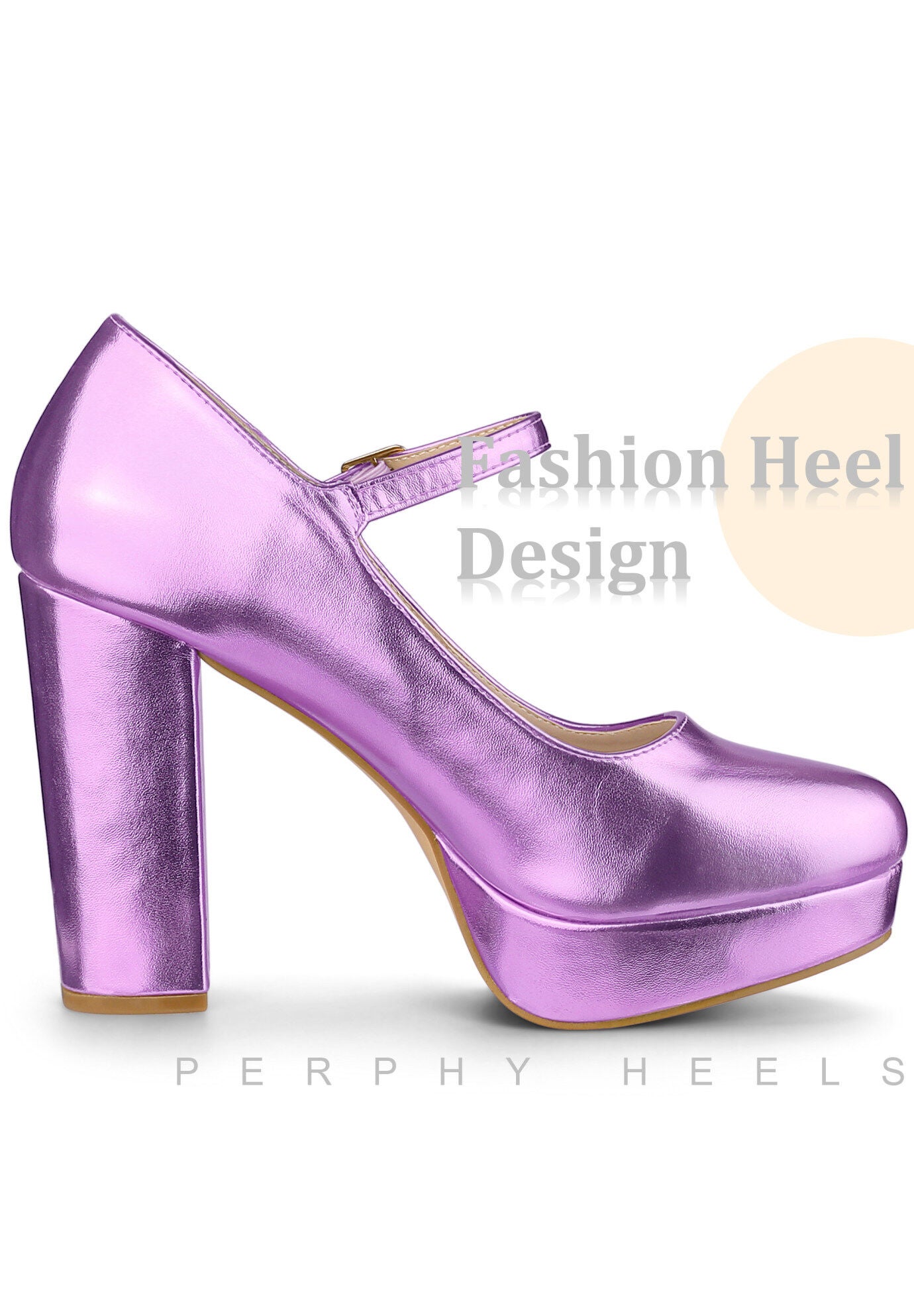 Platform Mary Janes Shoes Chunky High Heels, Purple / Purple, alternate image number 2