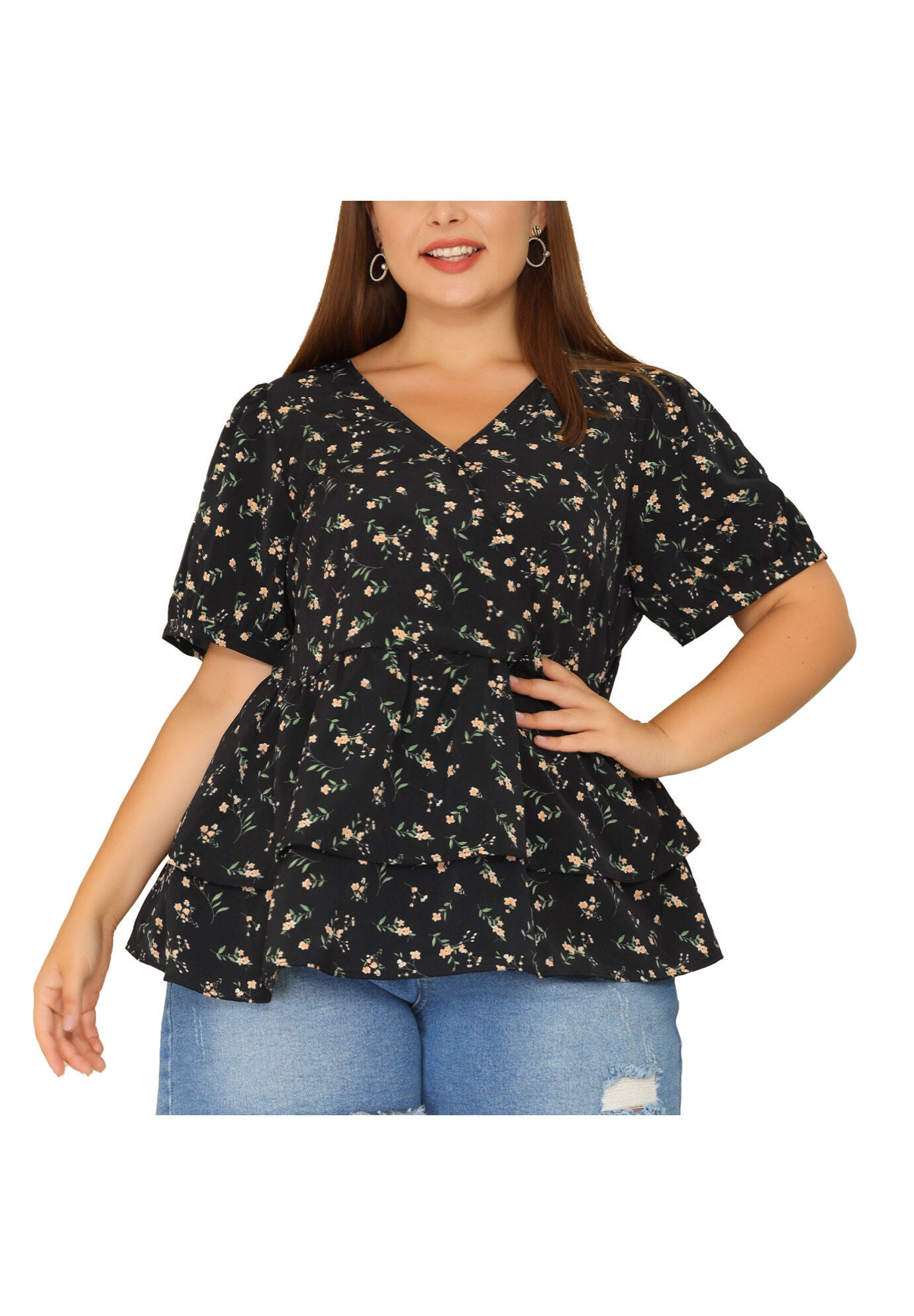 V Neck Short Sleeve Layered Peplum Top Summer Floral Blouse, Black / Black, alternate image number 2