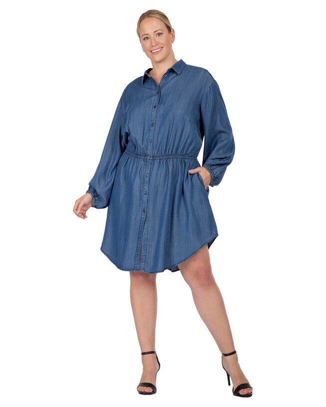 Nora Women's Plus Size Buttoned Down Elastic Waist Shirt Dress, Rinse Blue / Medium Wash, hi-res image number null