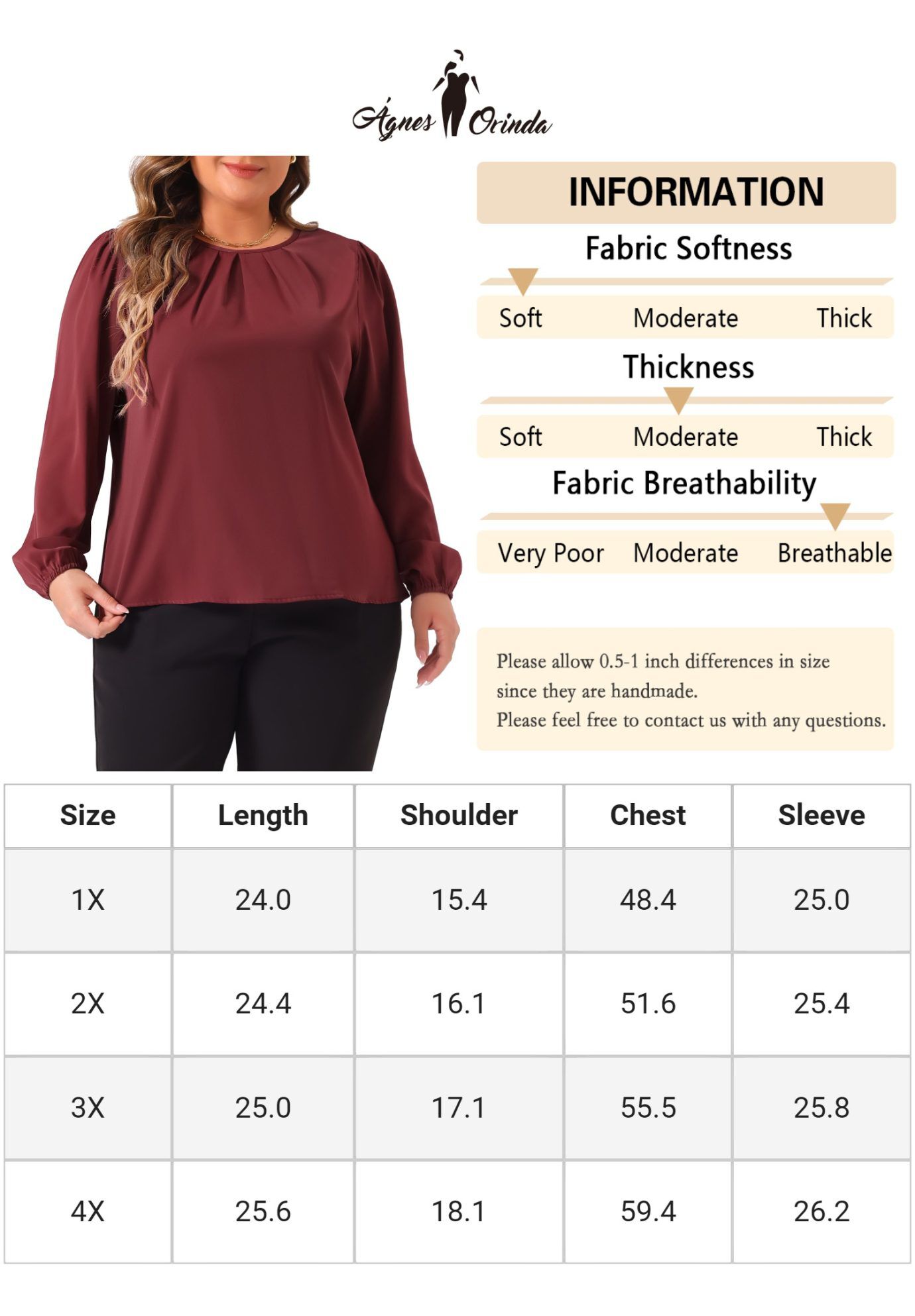 Crew Neck Pleated Work Office Long Sleeve Blouse, Burgundy / Burgundy, alternate image number 4