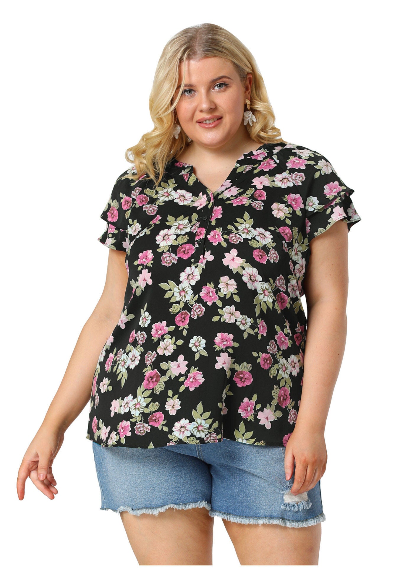 Floral Ruffle Trim V Neck Layered Sleeve Blouse, Black / Black, hi-res image number 0