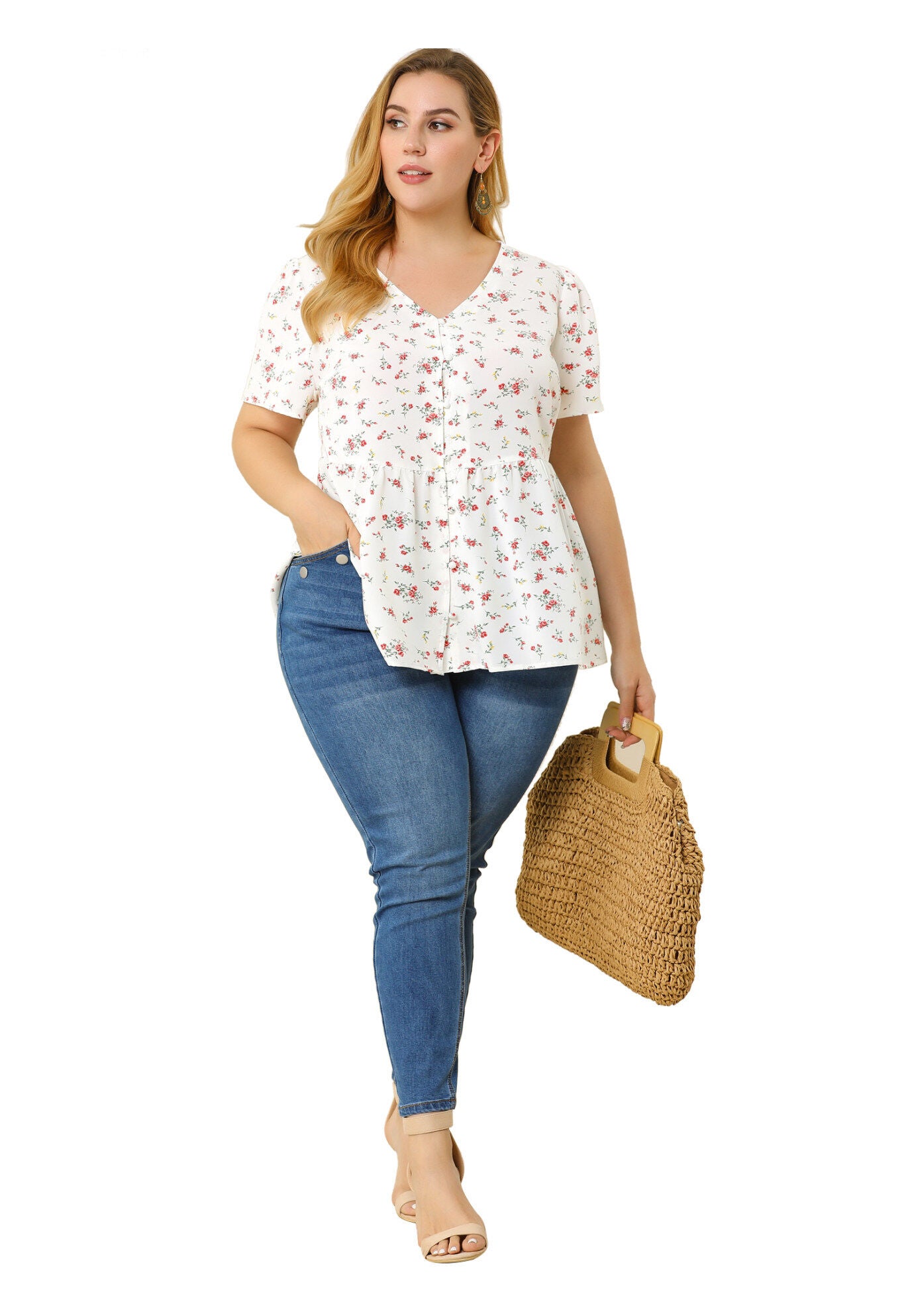 Chiffon Shirt V Neck Ruffle Short Sleeve Floral Peplum Top, White / White, hi-res image number 0