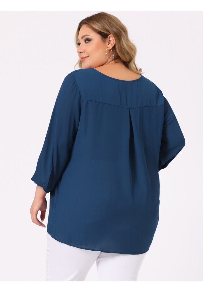 3/4 Sleeve Sheer Flowy Summer Split V Neck Blouse, Blue / Navy, alternate image number 3