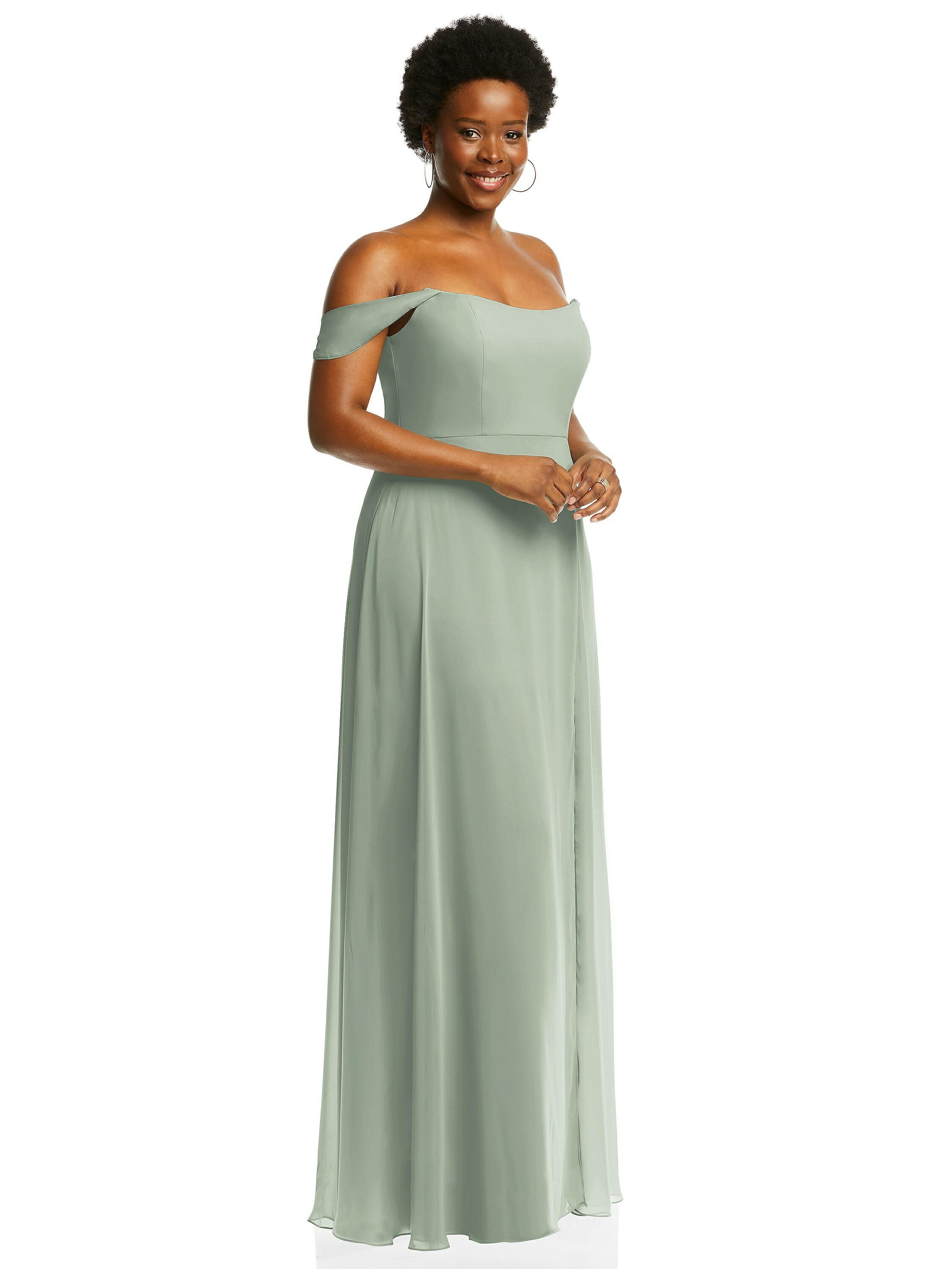 Off-the-Shoulder Basque Neck Maxi Dress with Flounce Sleeves, Willow Green / Sage Green, alternate image number 2