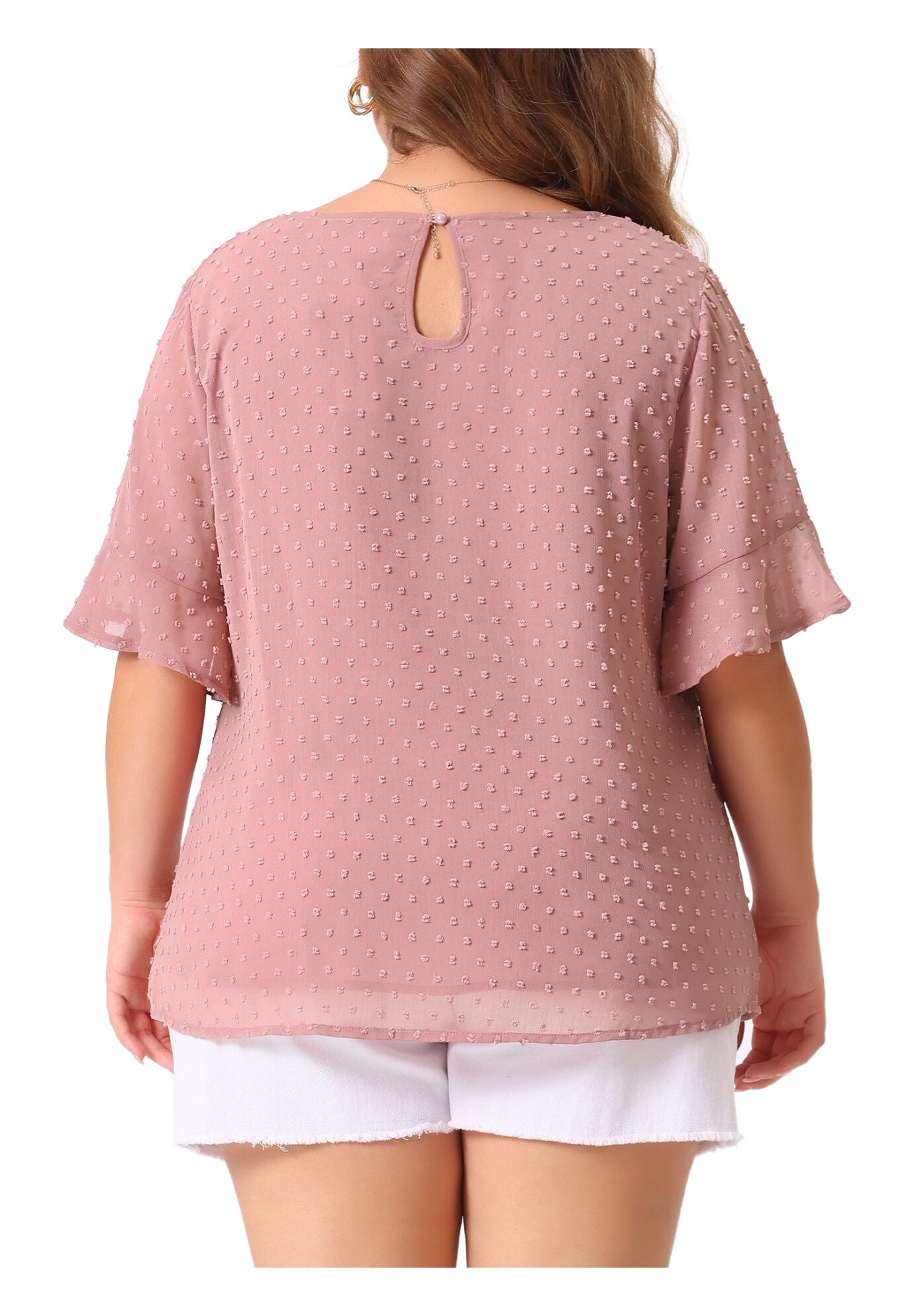 ROUND NECK RUFFLE SLEEVE SWISS DOTS TEE T-SHIRT TOP, Dark Pink / Pink, alternate image number 3