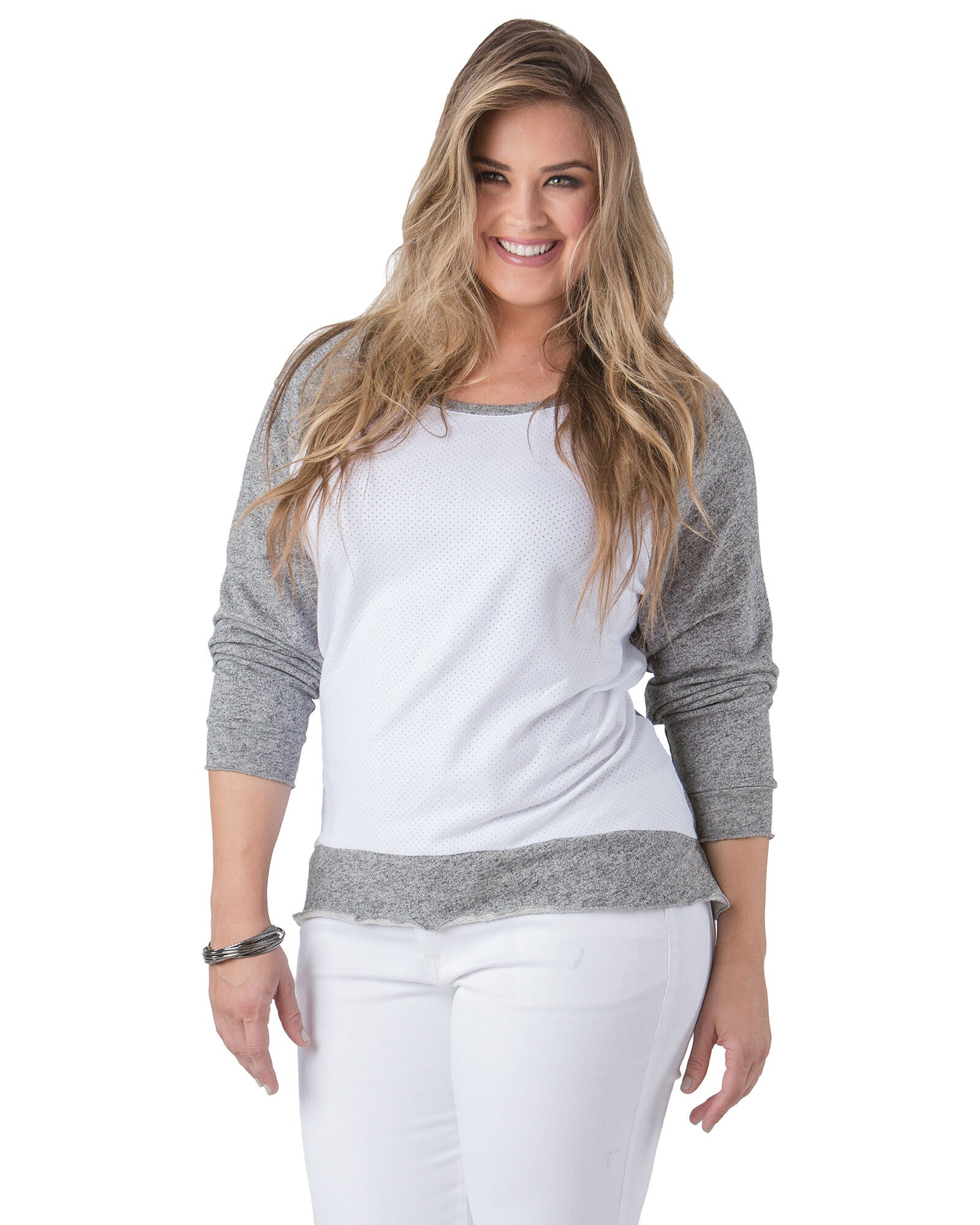 Plus Size Neesa Arm Patch French Terry Long Sleeve Mesh Top, White / White, alternate image number 2